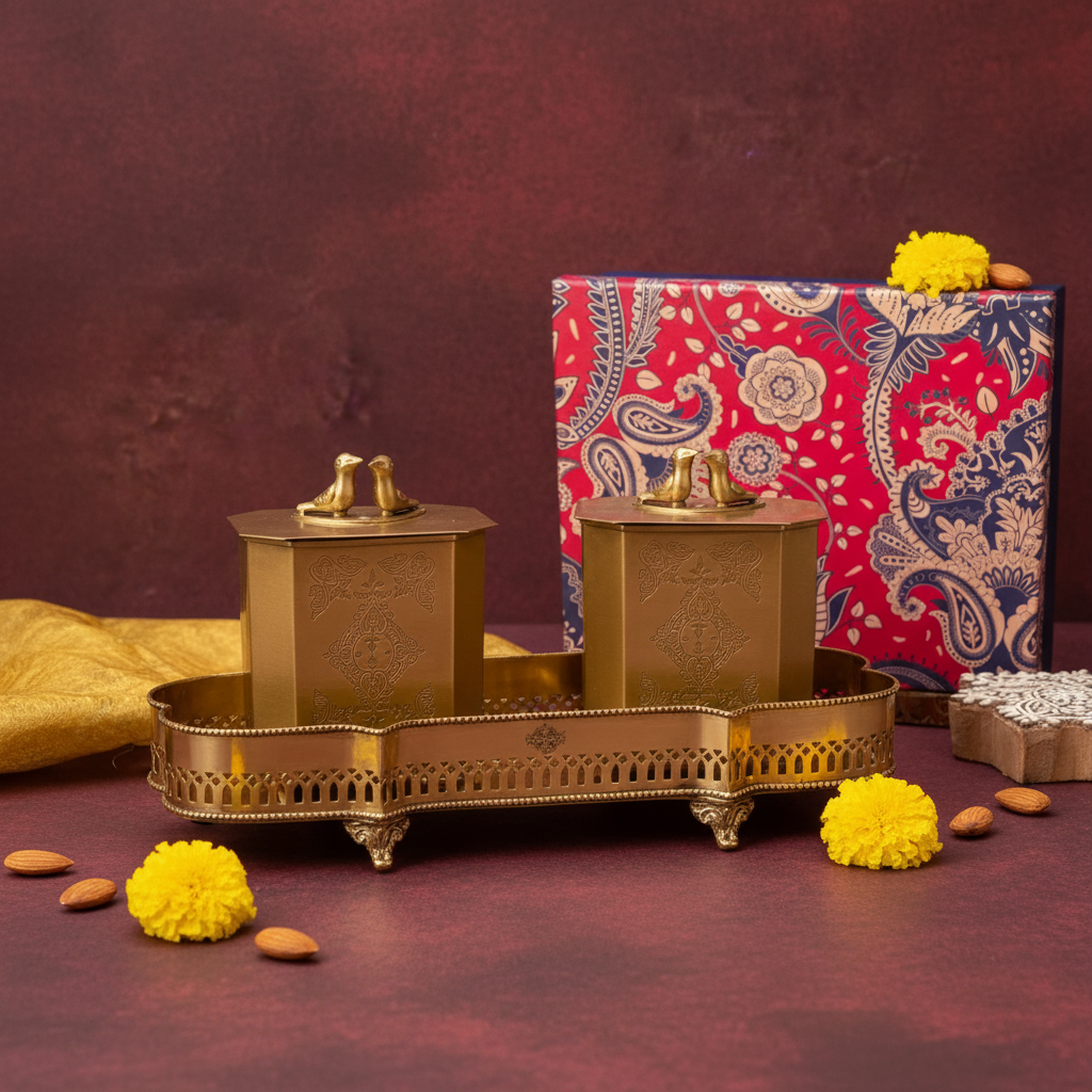 Ambi Pure Brass Heritage Birds Decorative Set of 2 Storage Box And Platter