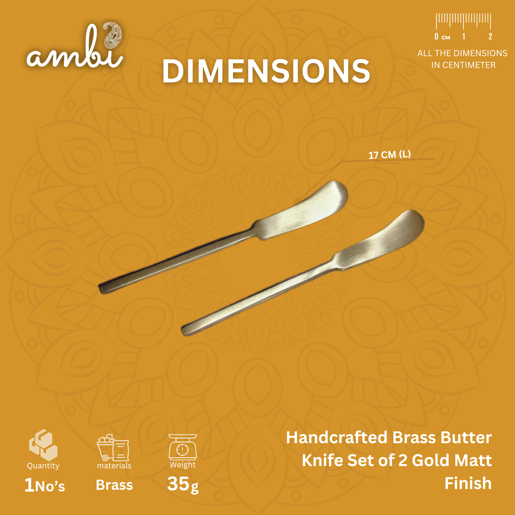 Handcrafted Brass Butter Knife - Set of 2 - Gold Matt Finish