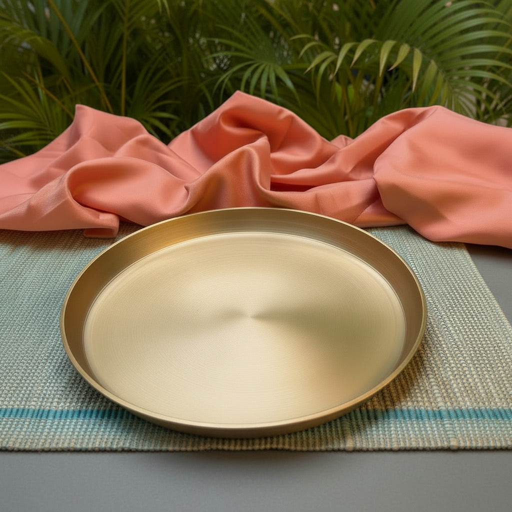 Ambi 100% Pure Brass Thali with High Edge — 9.5 Inch Pooja & Dining Plate