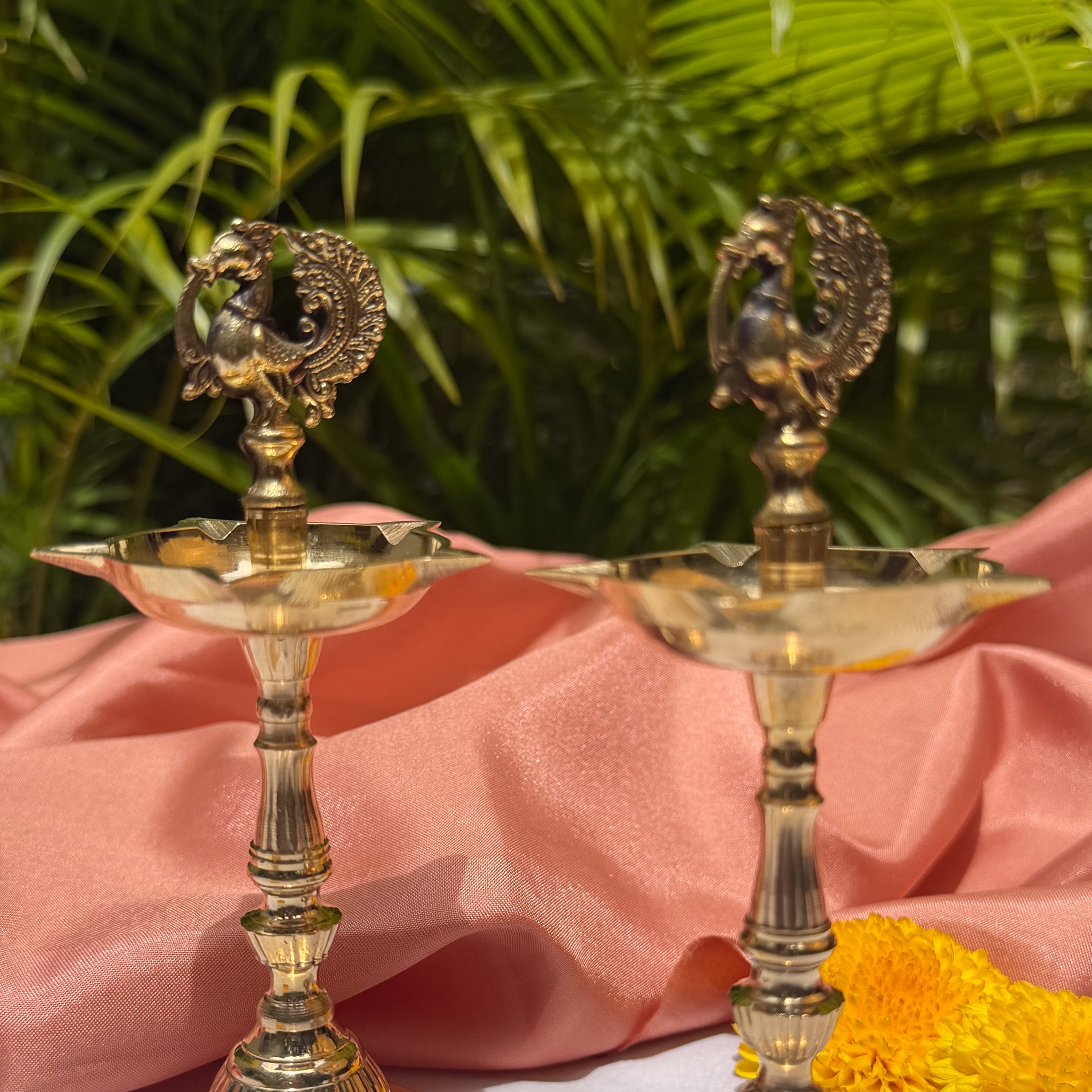 Ambi 100% Pure Brass Peacock Pooja Deepam / Deepak – 5 Baati | Traditional Peacock Oil Lamp | Set of 2