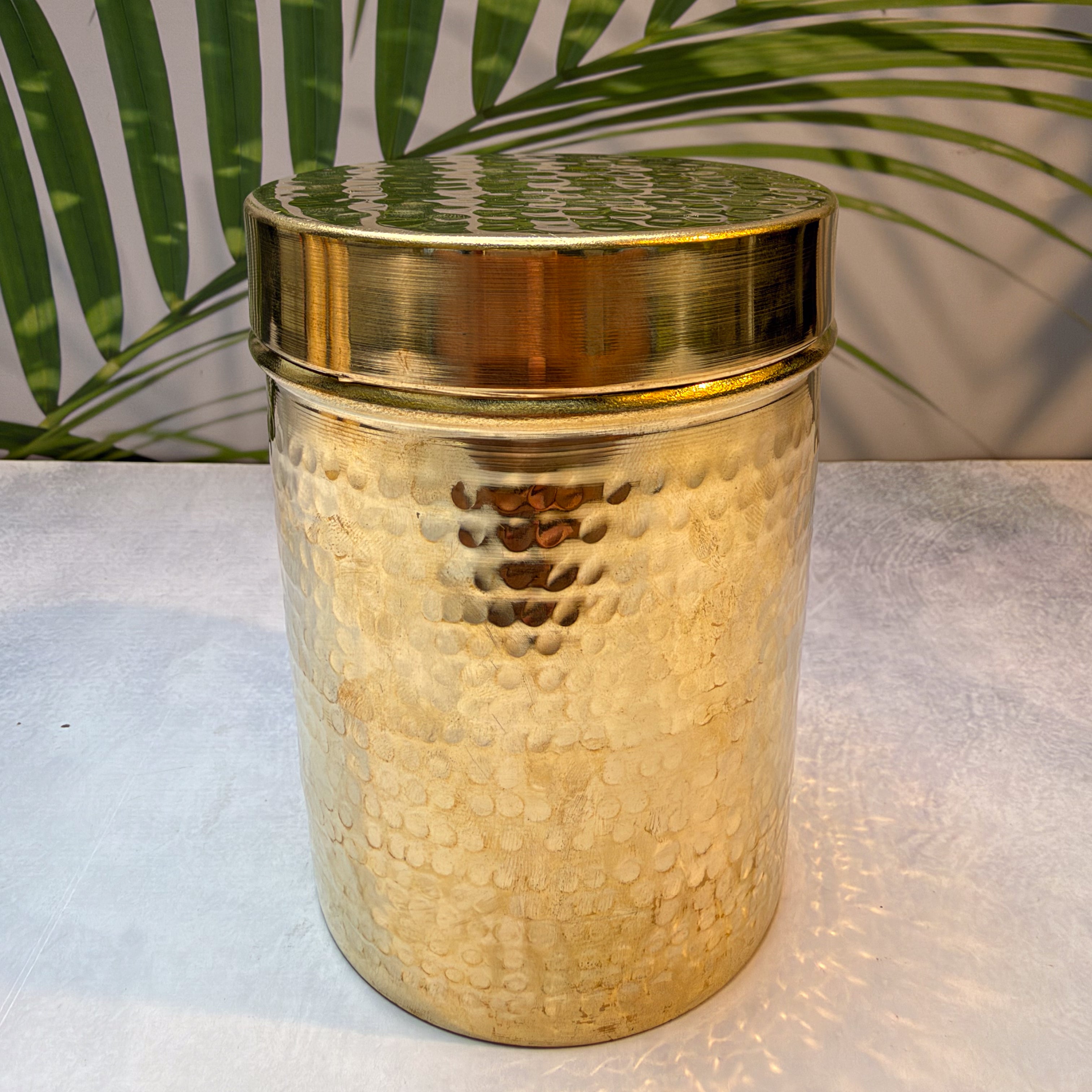 Ambi Home Pure Brass Hammered Dabba | Kitchen Storage Box for Atta, Dal, Spices