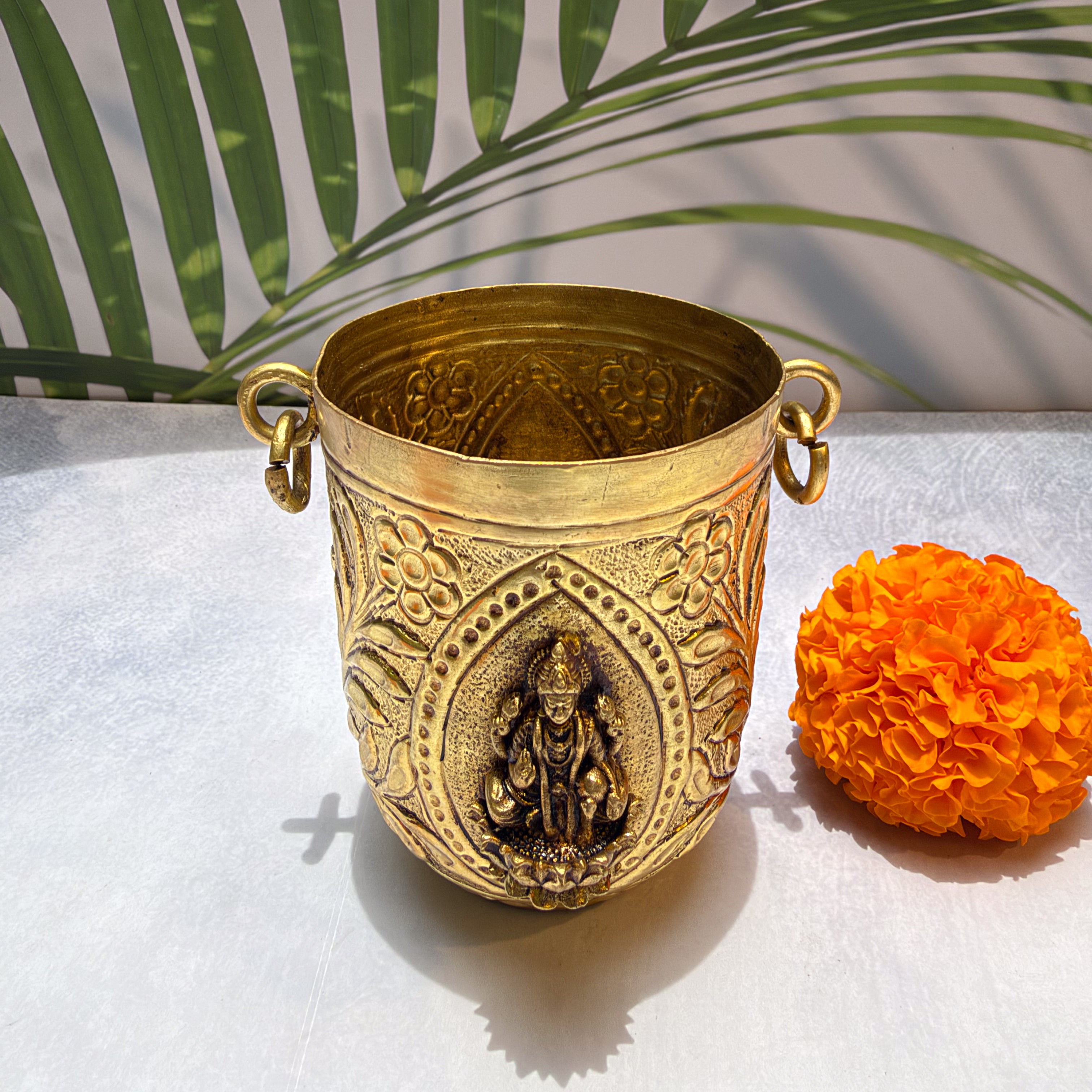Ambi Pure Brass Pooja Bucket | Goddess Veer Lakshmi Brass Lota with Side Rings | 3 Inch - Height