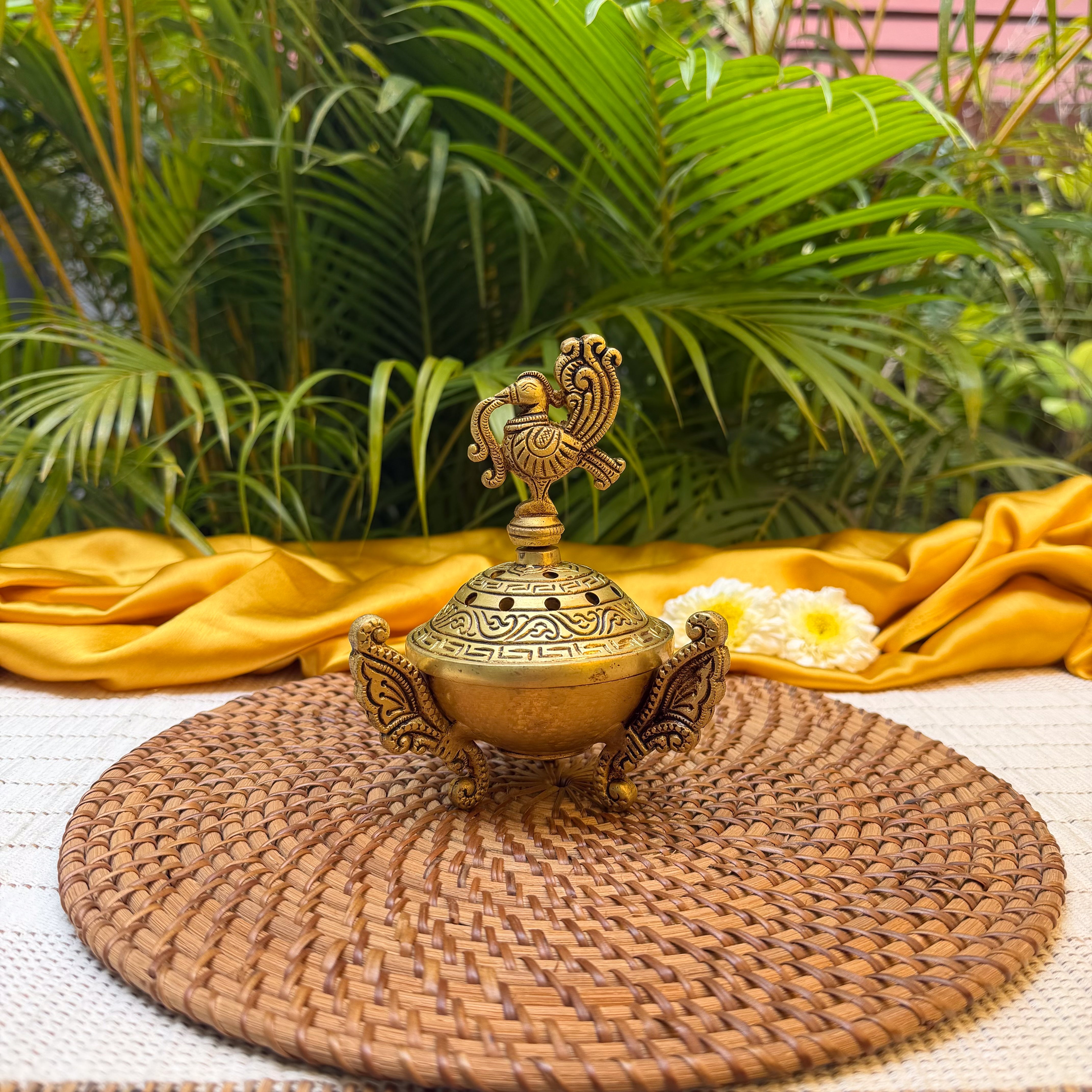 Ambi Brass Peacock Lid Dhuni | Traditional Dhoop Dani with Peacock Design | Decorative Brass Incense Burner for Pooja, Havan & Home