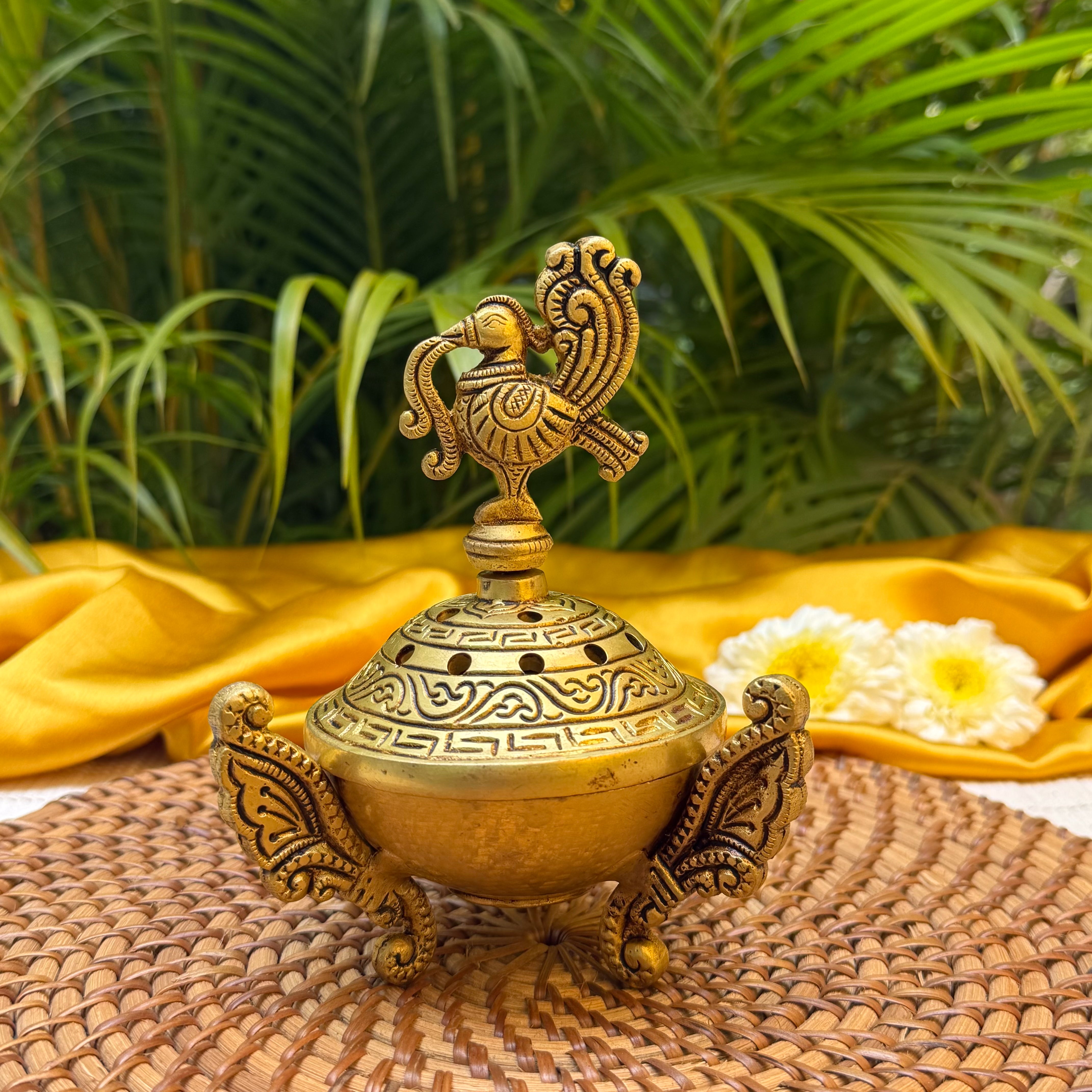 Ambi Brass Peacock Lid Dhuni | Traditional Dhoop Dani with Peacock Design | Decorative Brass Incense Burner for Pooja, Havan & Home