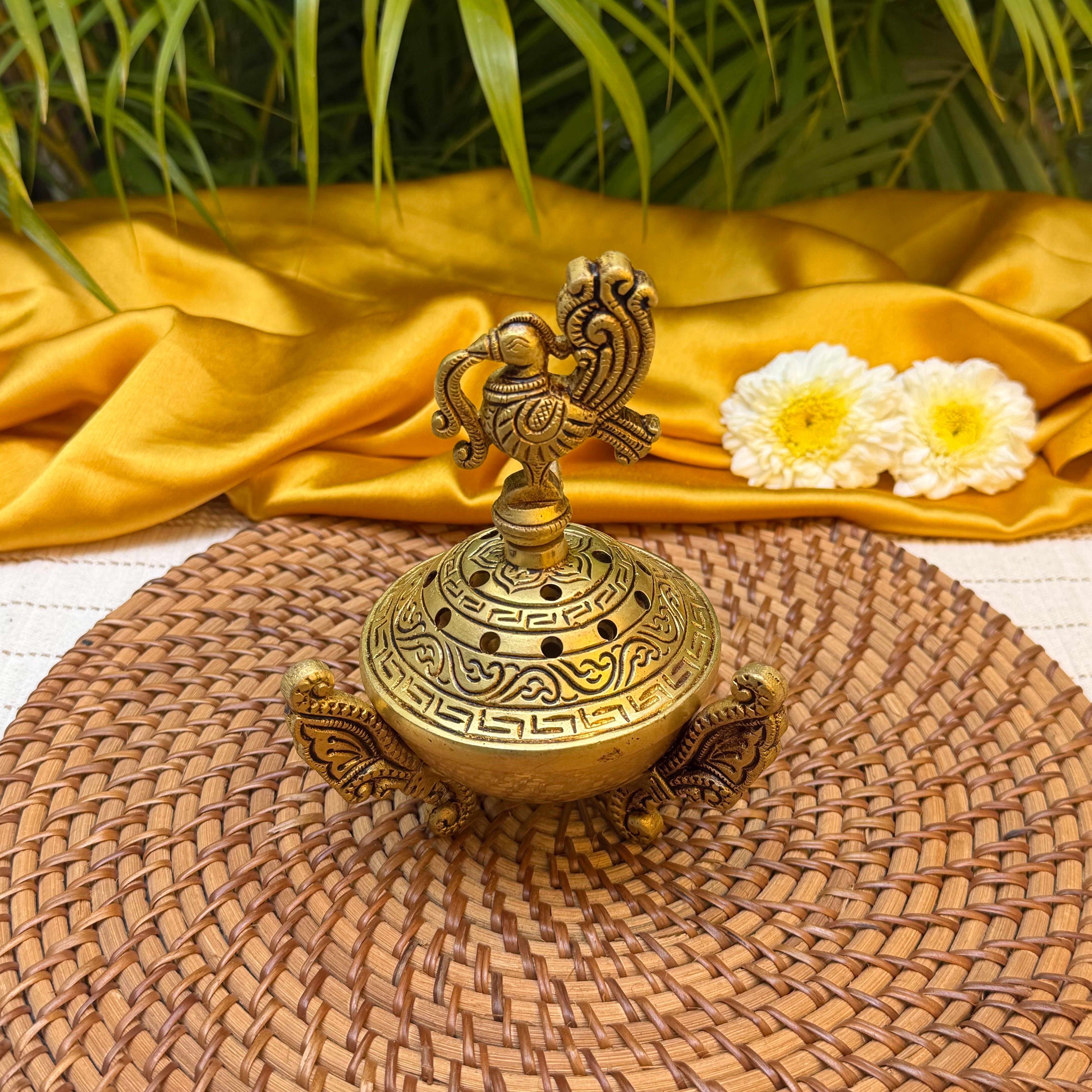 Ambi Brass Peacock Lid Dhuni | Traditional Dhoop Dani with Peacock Design | Decorative Brass Incense Burner for Pooja, Havan & Home