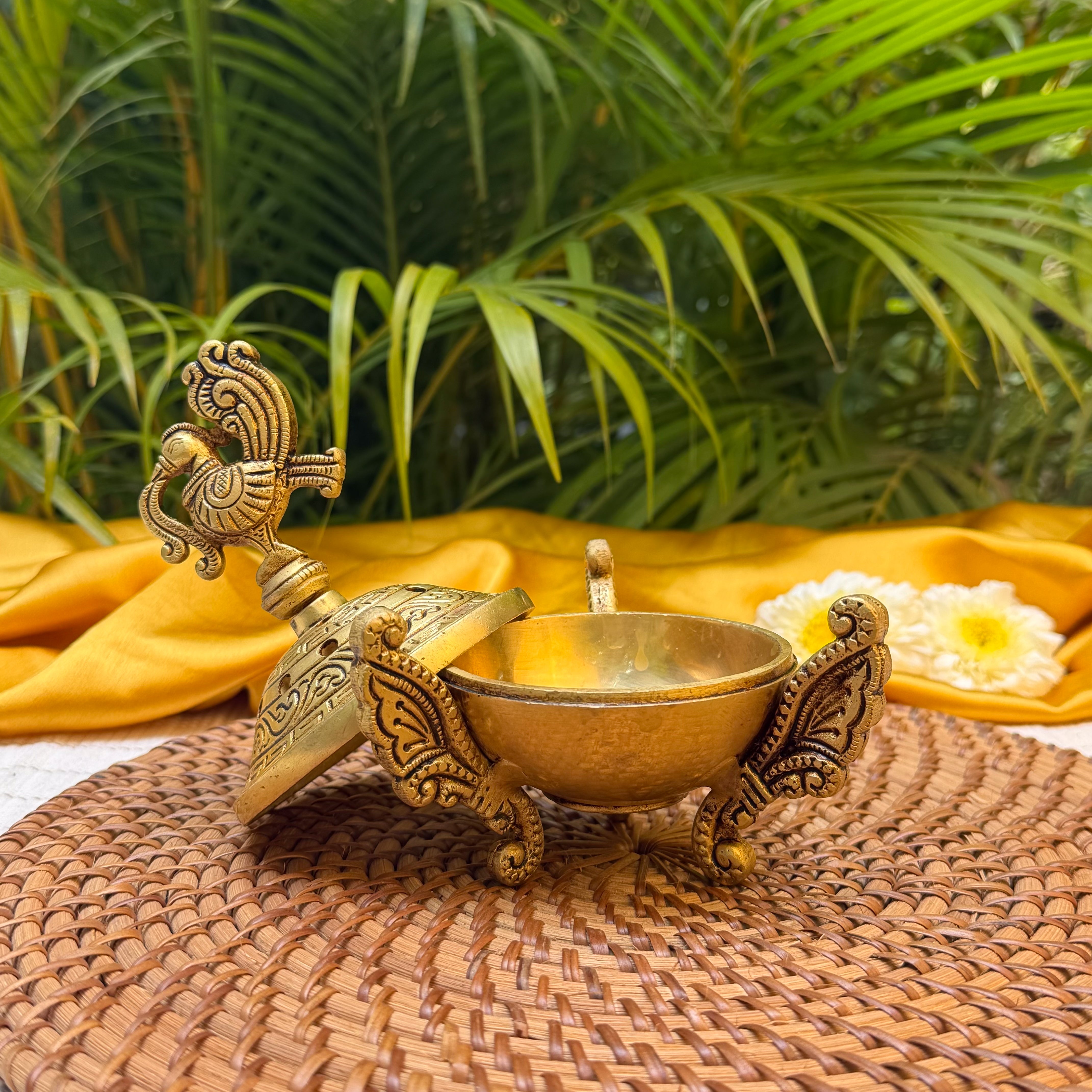 Ambi Brass Peacock Lid Dhuni | Traditional Dhoop Dani with Peacock Design | Decorative Brass Incense Burner for Pooja, Havan & Home