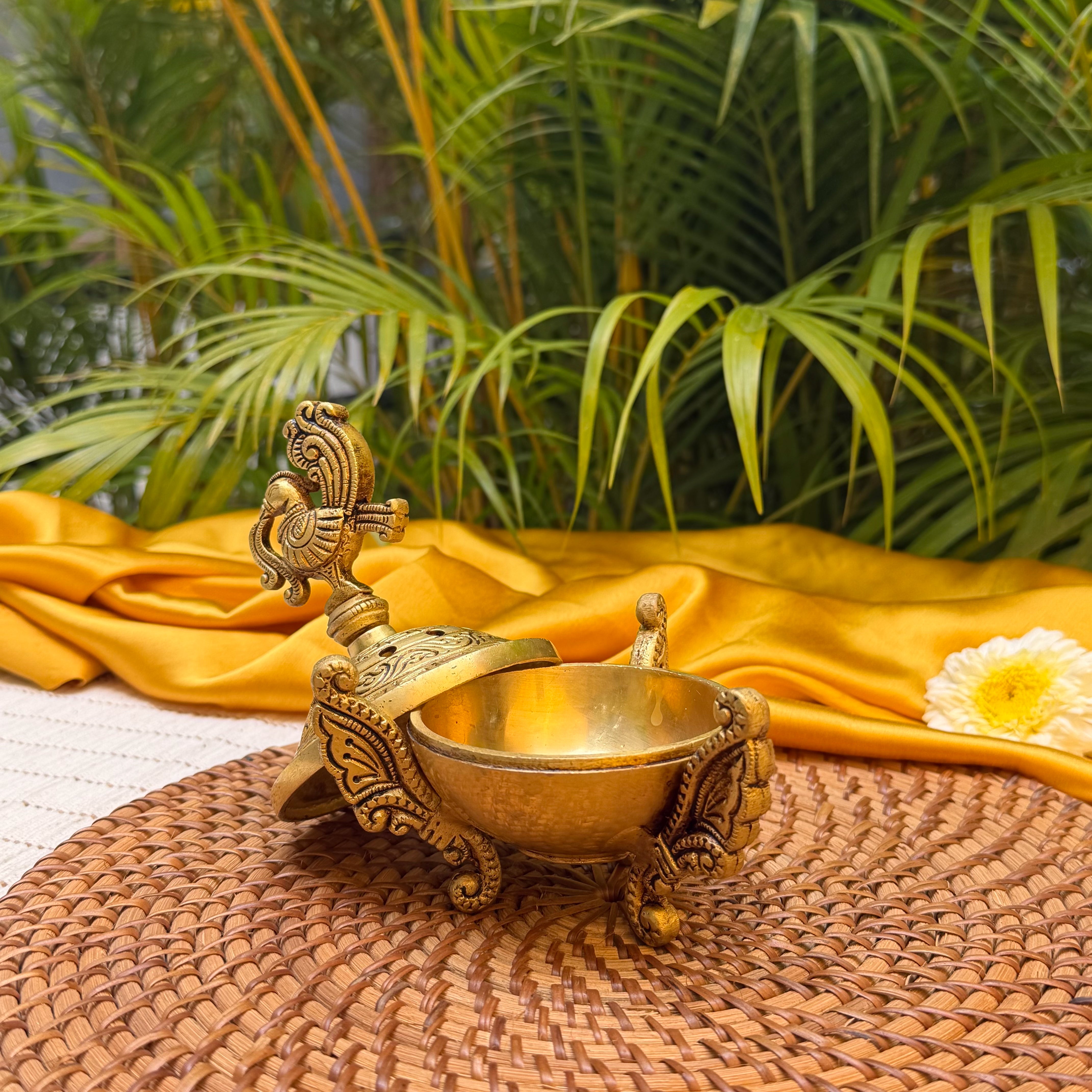 Ambi Brass Peacock Lid Dhuni | Traditional Dhoop Dani with Peacock Design | Decorative Brass Incense Burner for Pooja, Havan & Home