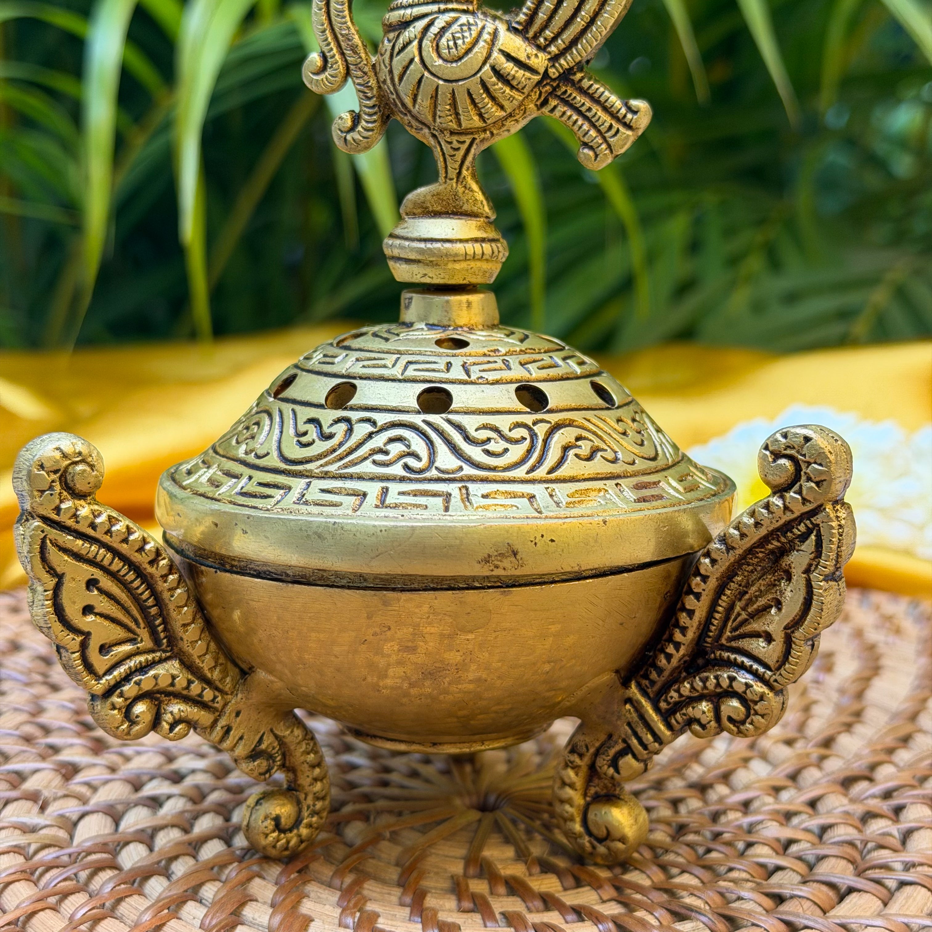 Ambi Brass Peacock Lid Dhuni | Traditional Dhoop Dani with Peacock Design | Decorative Brass Incense Burner for Pooja, Havan & Home