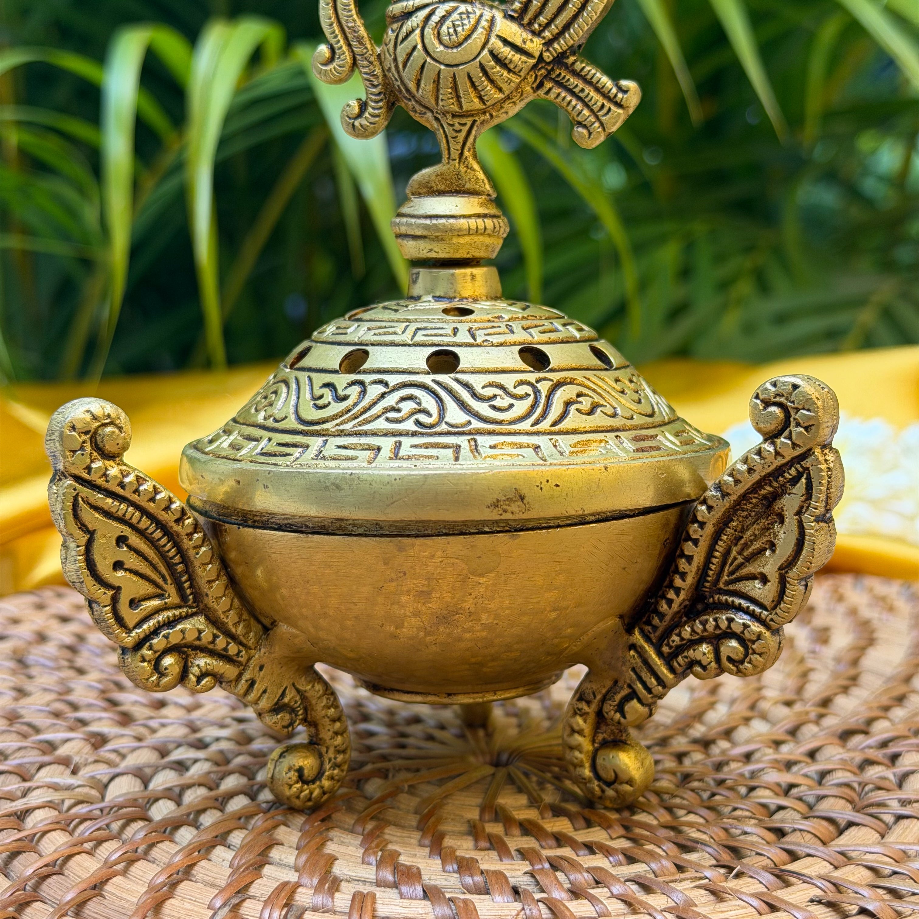 Ambi Brass Peacock Lid Dhuni | Traditional Dhoop Dani with Peacock Design | Decorative Brass Incense Burner for Pooja, Havan & Home