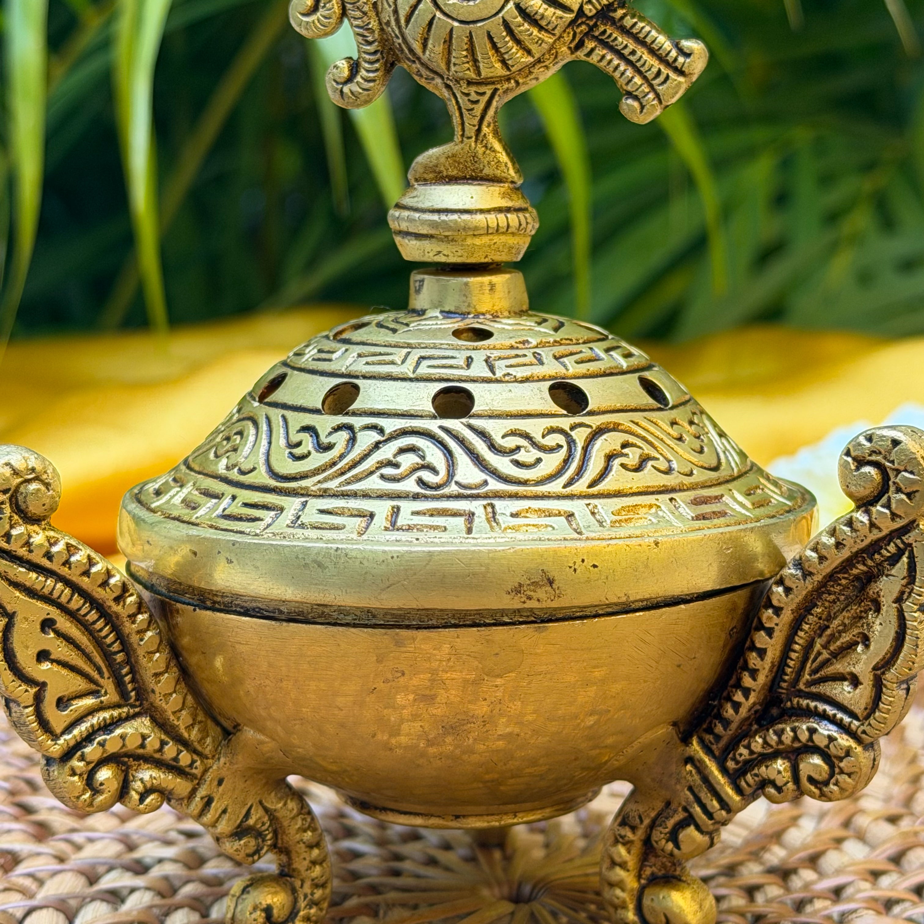 Ambi Brass Peacock Lid Dhuni | Traditional Dhoop Dani with Peacock Design | Decorative Brass Incense Burner for Pooja, Havan & Home