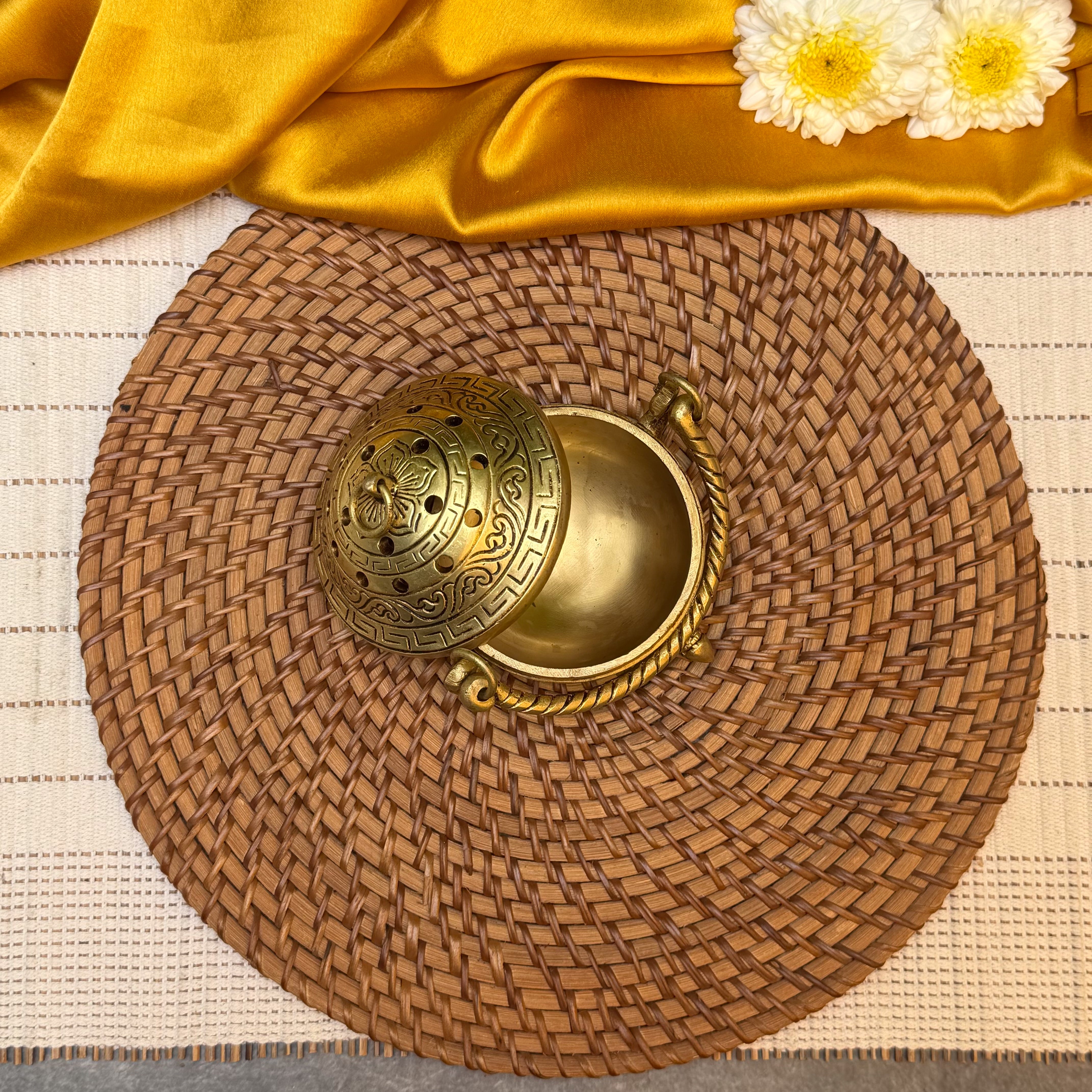Ambi Brass Dhuni with Handle | Traditional Dhoop Dani with Perforated Lid | Decorative Brass Incense Burner for Pooja, Havan & Home Fragrance