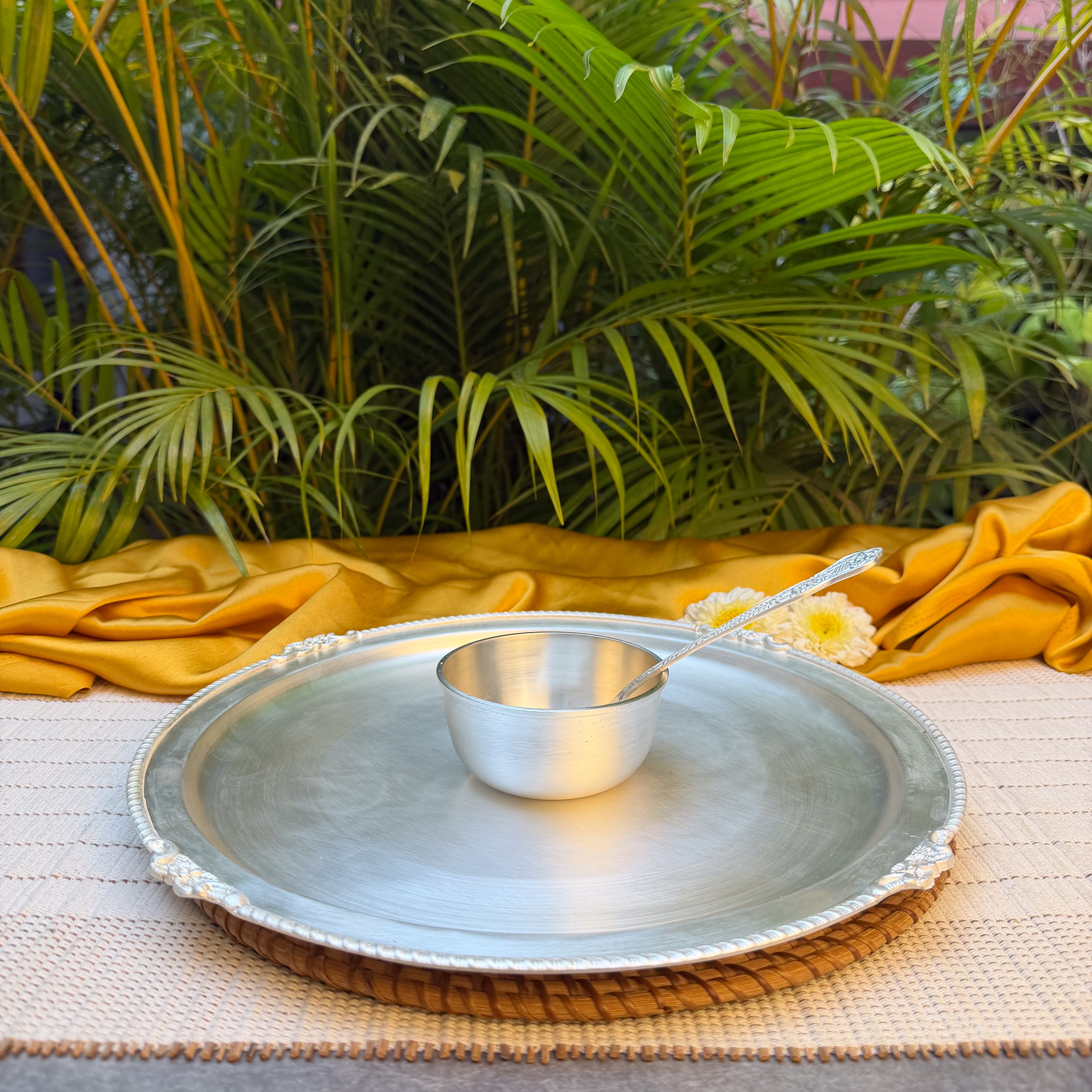 Ambi Silver Finish Thali Set | Traditional Indian Pooja Thali with Diya, Katori & Spoon | Decorative Puja Thali Set for Festivals & Home Temple
