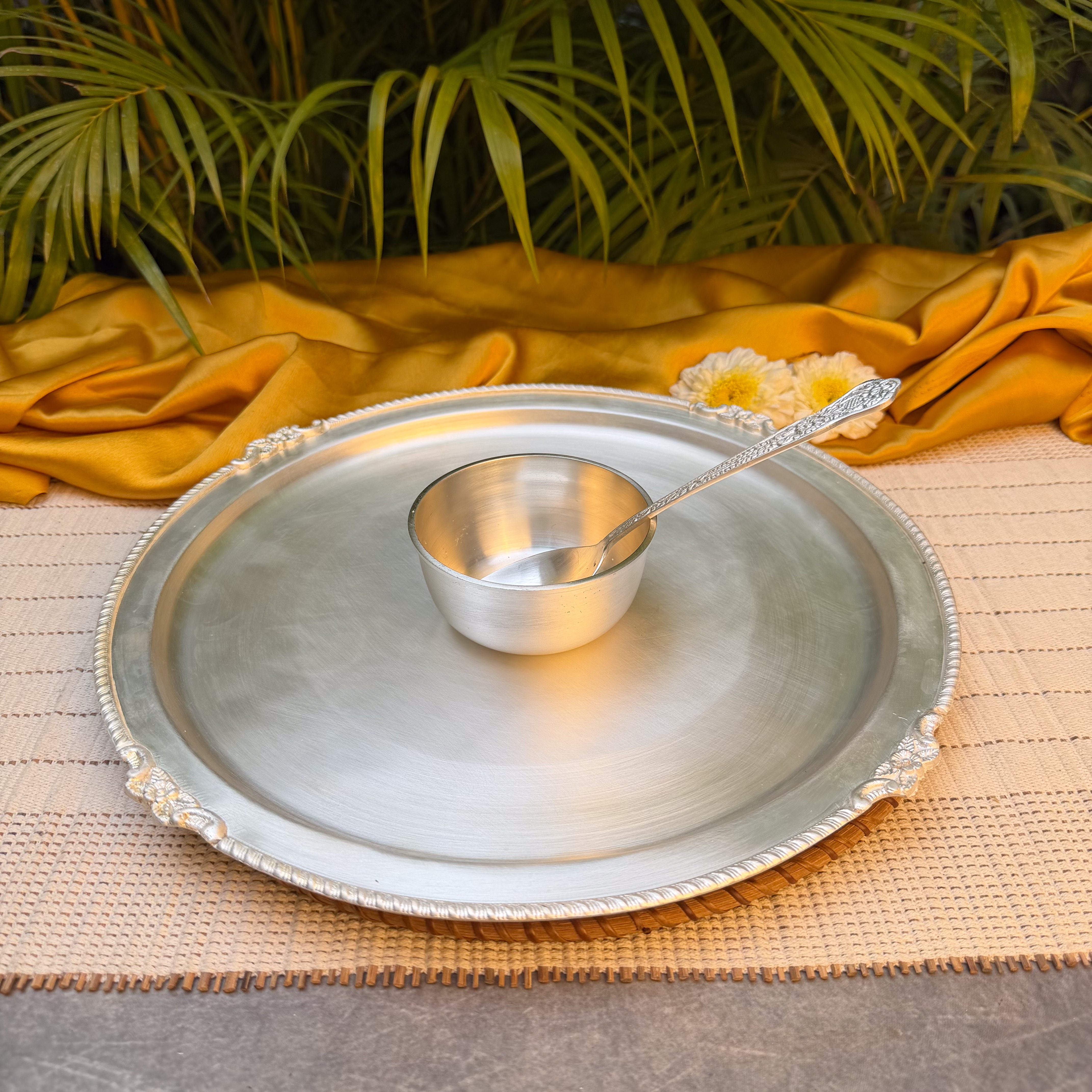 Ambi Silver Finish Thali Set | Traditional Indian Pooja Thali with Diya, Katori & Spoon | Decorative Puja Thali Set for Festivals & Home Temple