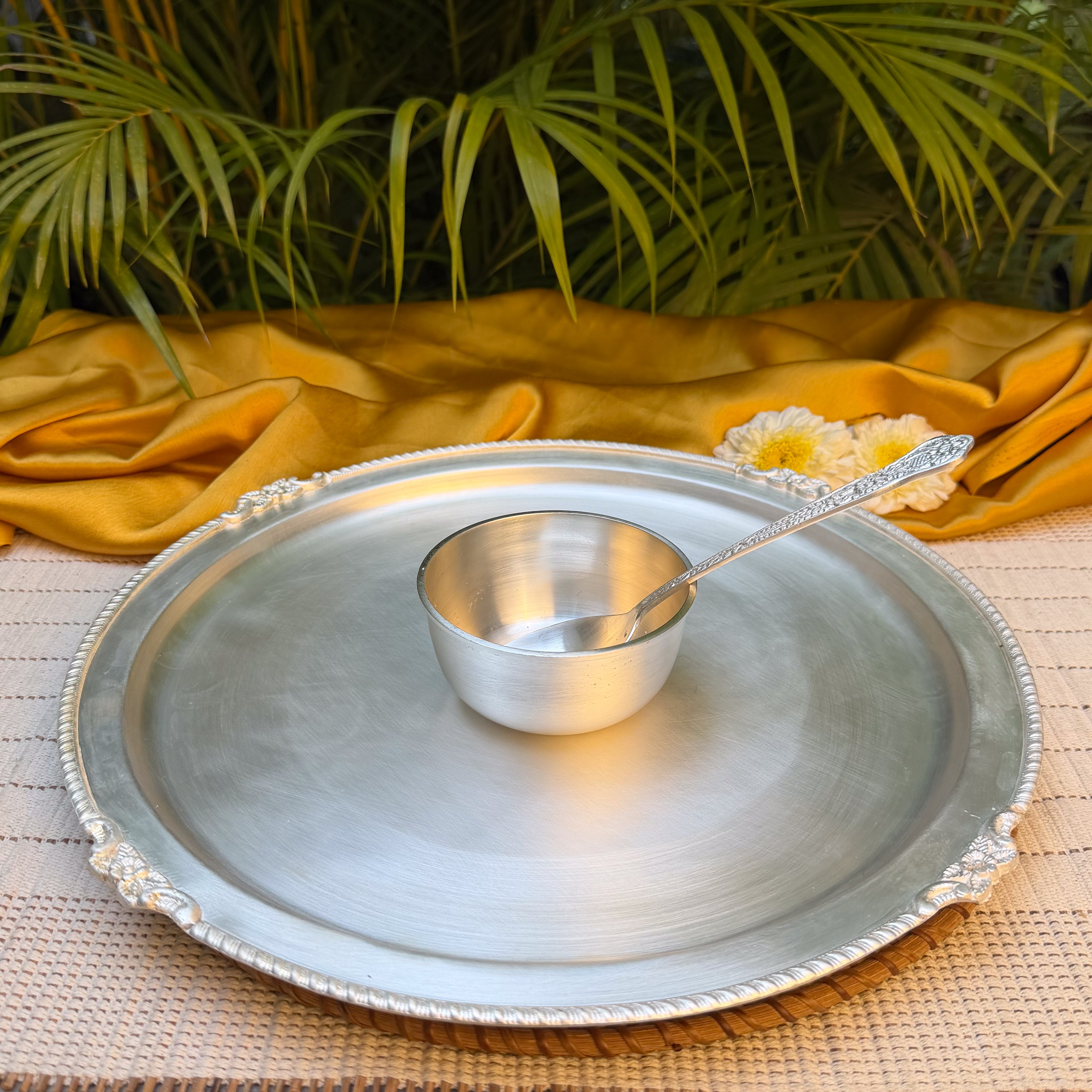 Ambi Silver Finish Thali Set | Traditional Indian Pooja Thali with Diya, Katori & Spoon | Decorative Puja Thali Set for Festivals & Home Temple