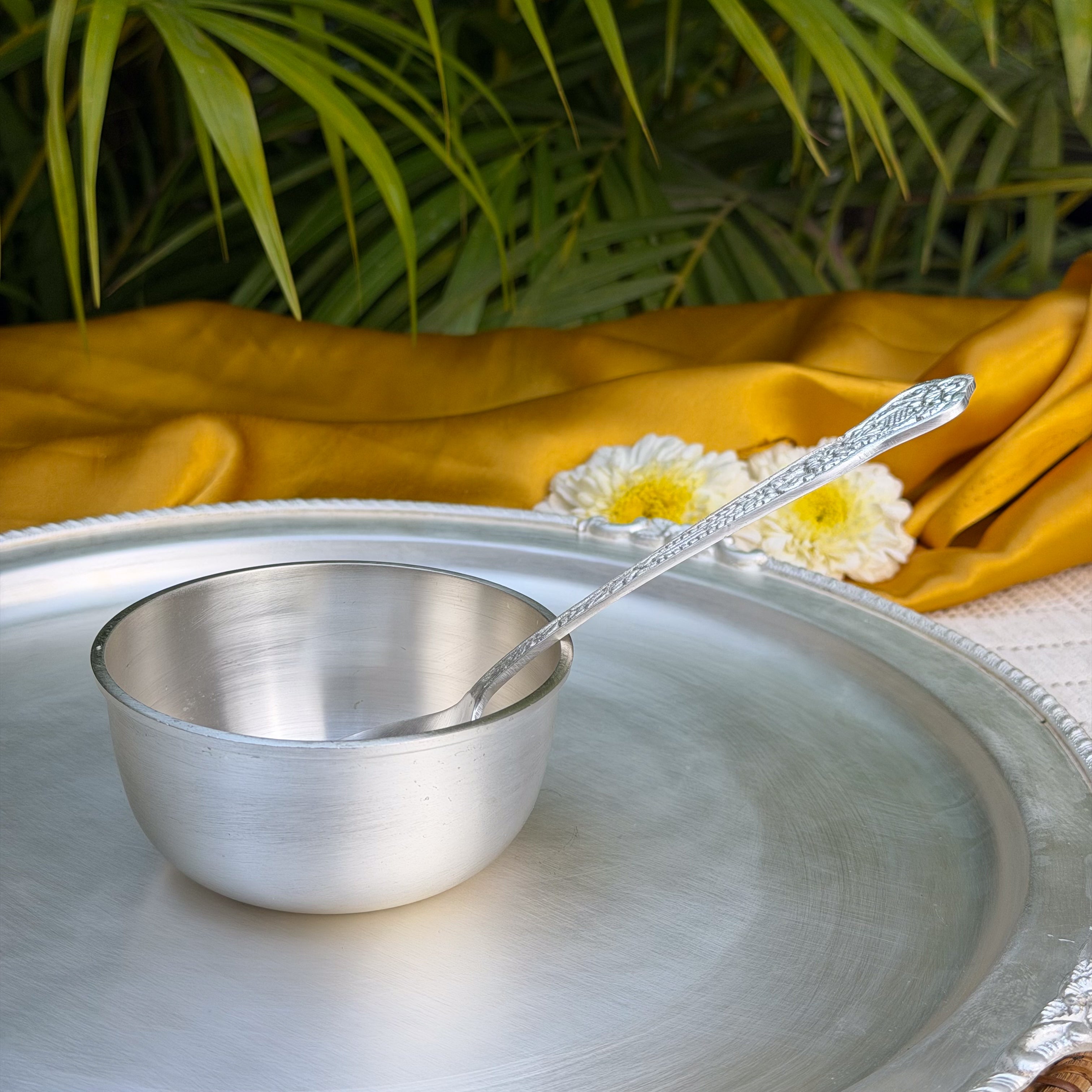 Ambi Silver Finish Thali Set | Traditional Indian Pooja Thali with Diya, Katori & Spoon | Decorative Puja Thali Set for Festivals & Home Temple