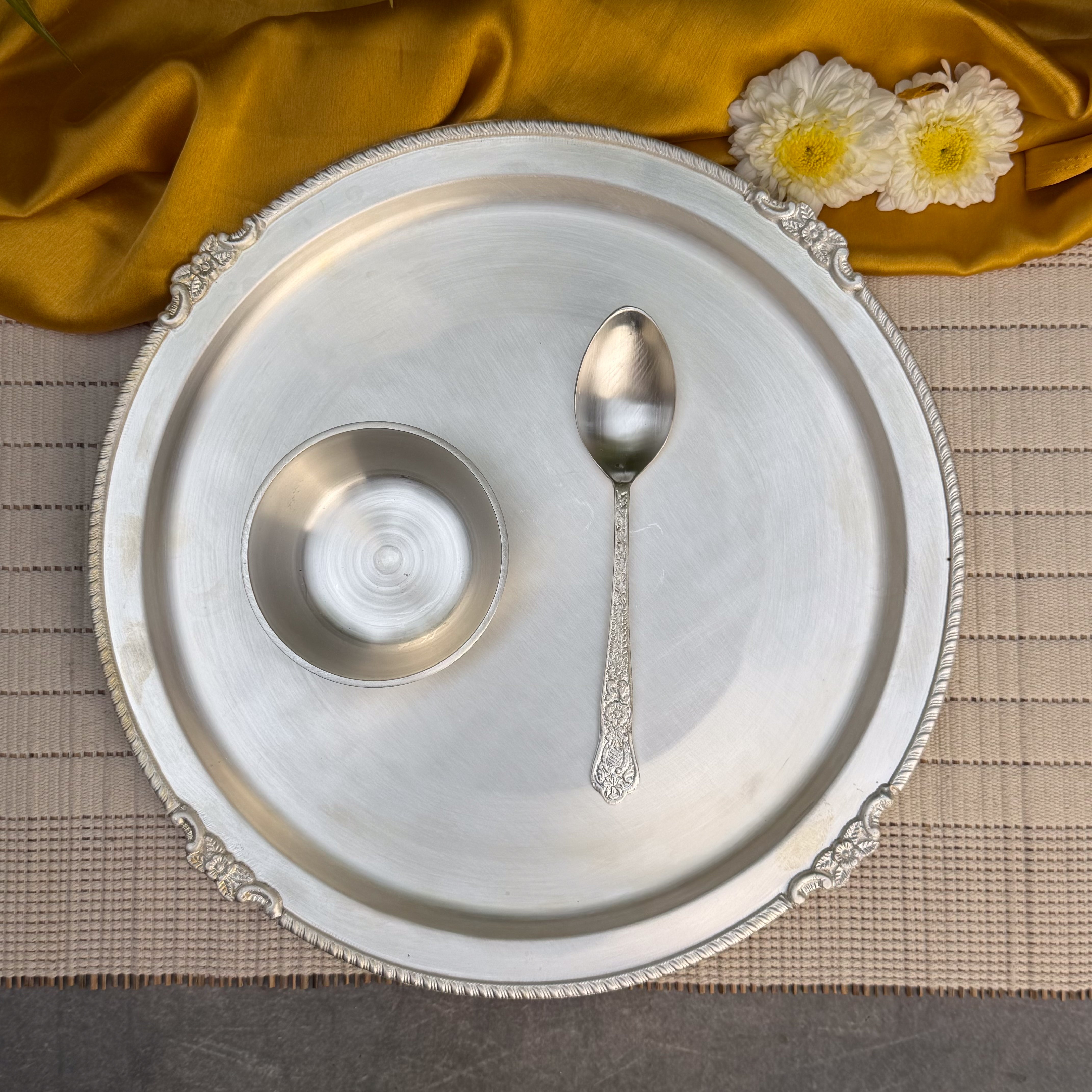 Ambi Silver Finish Thali Set | Traditional Indian Pooja Thali with Diya, Katori & Spoon | Decorative Puja Thali Set for Festivals & Home Temple