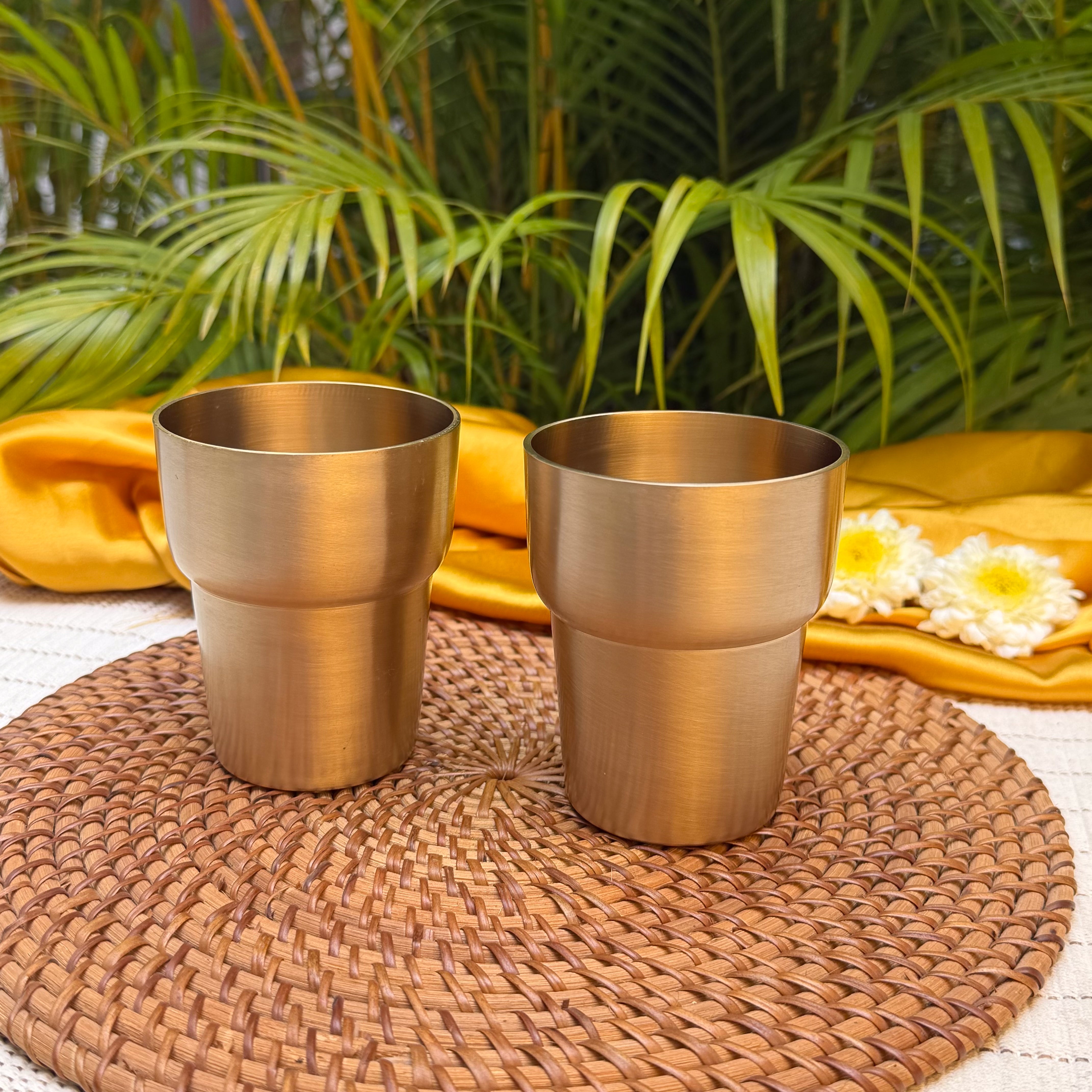 Ambi Pure Brass Designer Modern Glass Gift Set – Set of 2, 300 ML Each, Heavy Make, Premium Brass Drinking Glasses with Elegant Designer Gift Box