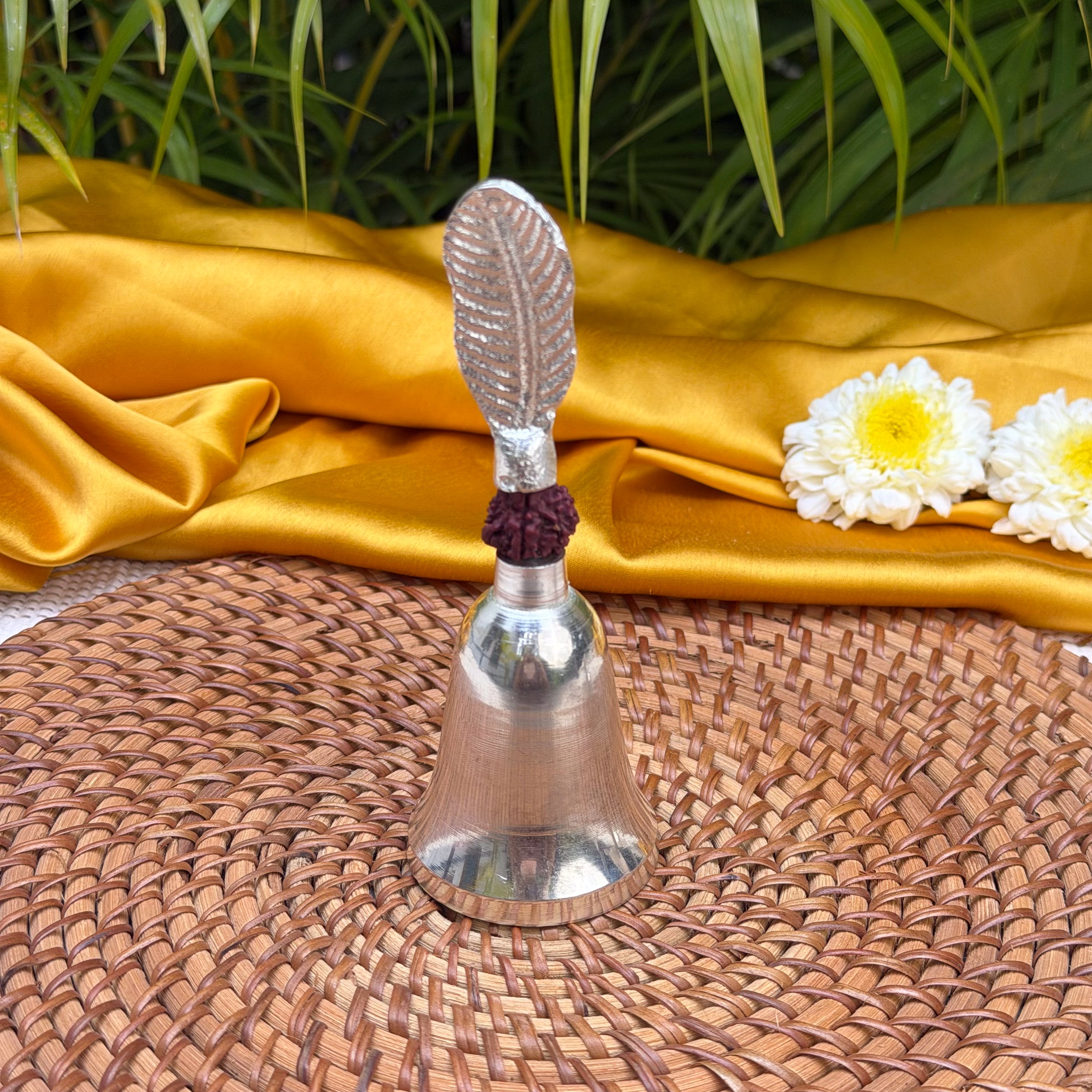 Ambi Silver Finish Rudraksha Bell & Aarti Diya Set | Traditional Pooja Bell with Aarti Lamp | Decorative Puja Set for Home Temple & Rituals