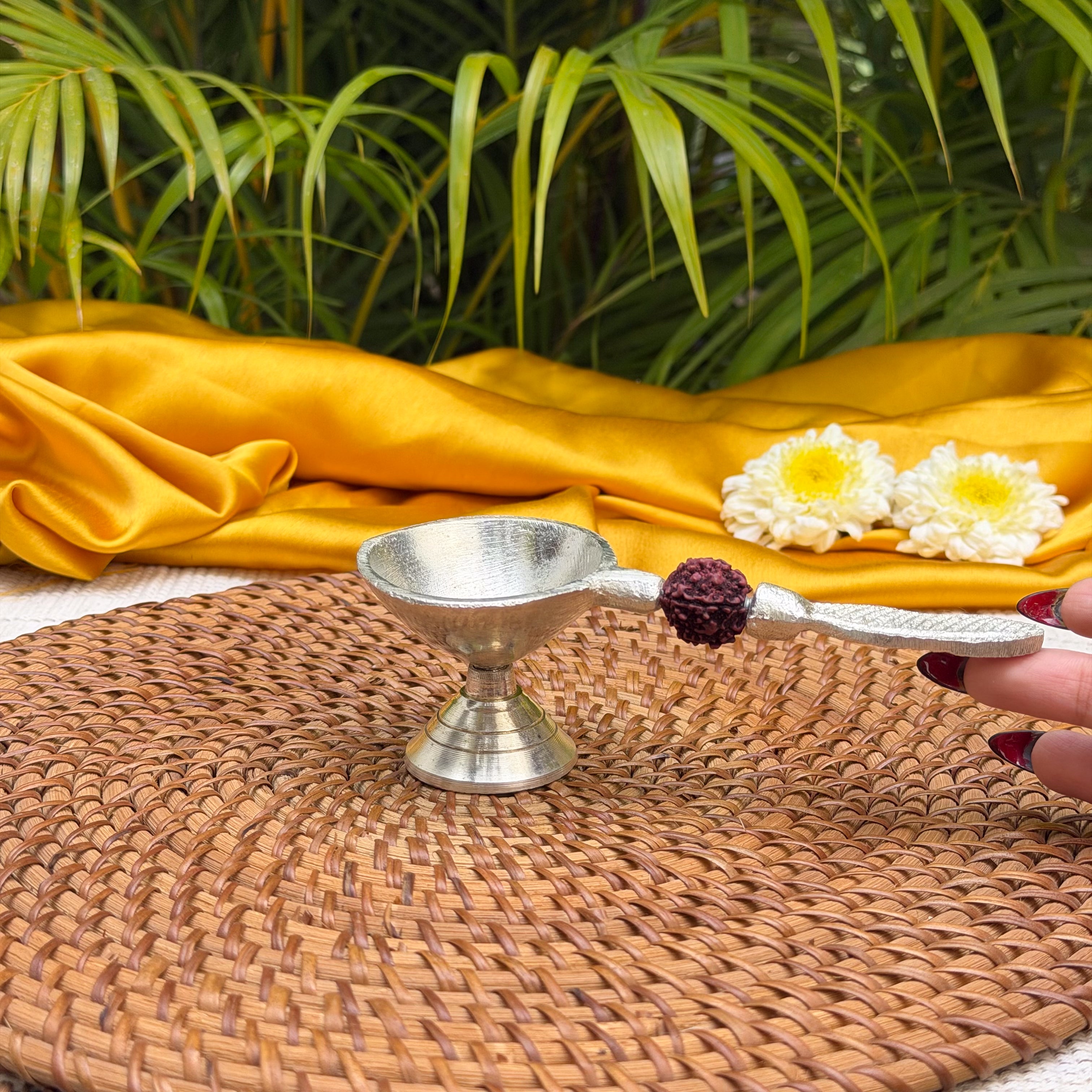 Ambi Silver Finish Rudraksha Bell & Aarti Diya Set | Traditional Pooja Bell with Aarti Lamp | Decorative Puja Set for Home Temple & Rituals