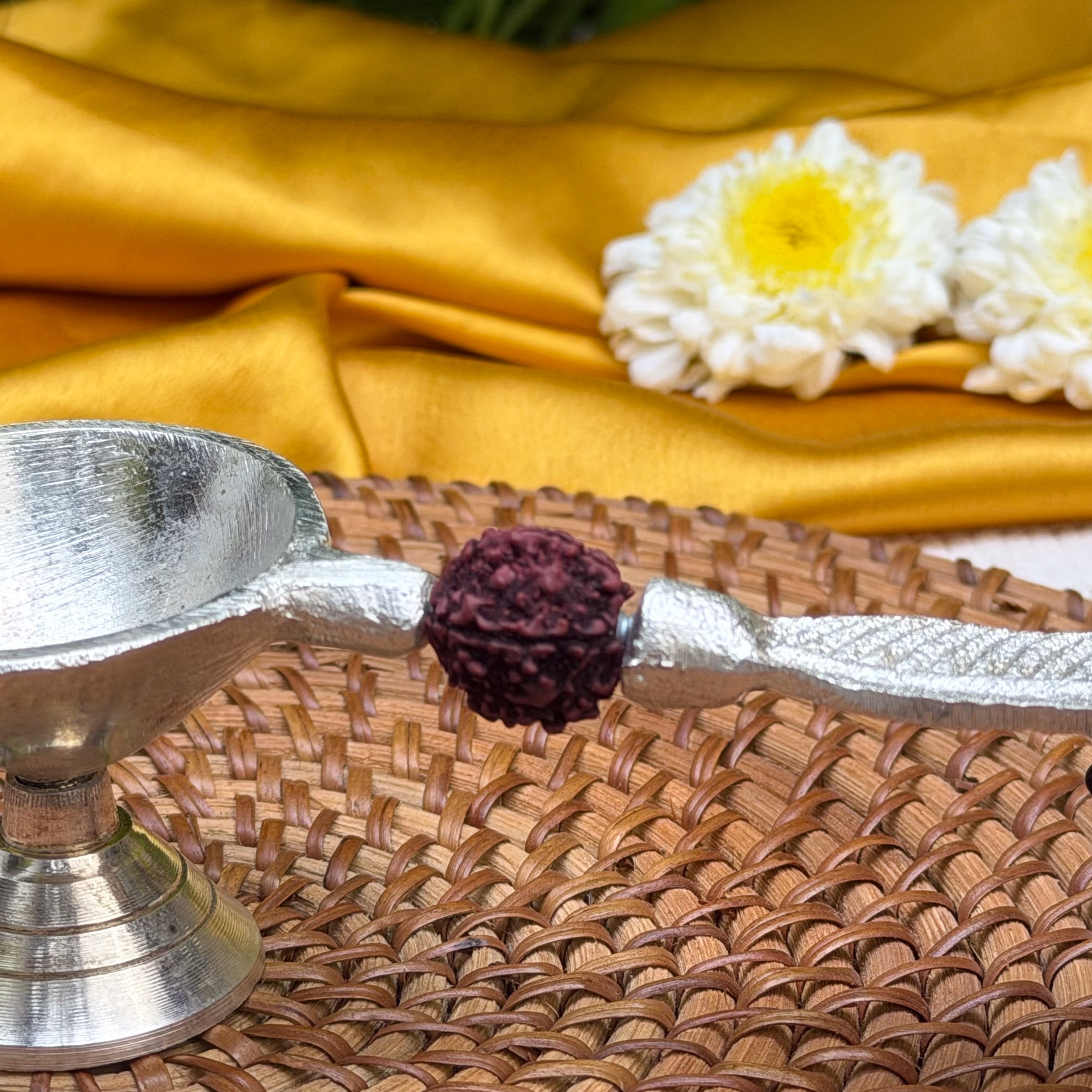 Ambi Silver Finish Rudraksha Bell & Aarti Diya Set | Traditional Pooja Bell with Aarti Lamp | Decorative Puja Set for Home Temple & Rituals