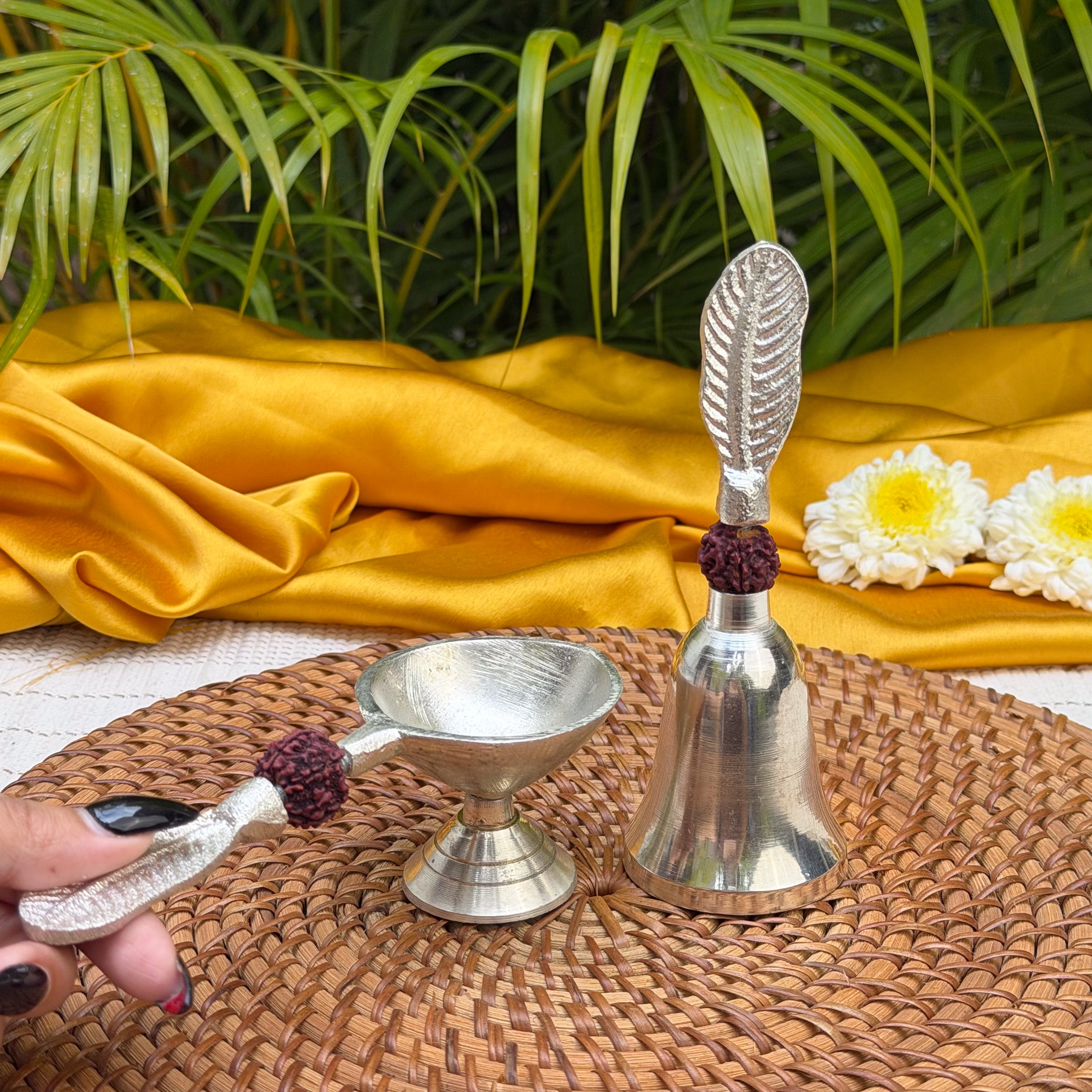 Ambi Silver Finish Rudraksha Bell & Aarti Diya Set | Traditional Pooja Bell with Aarti Lamp | Decorative Puja Set for Home Temple & Rituals