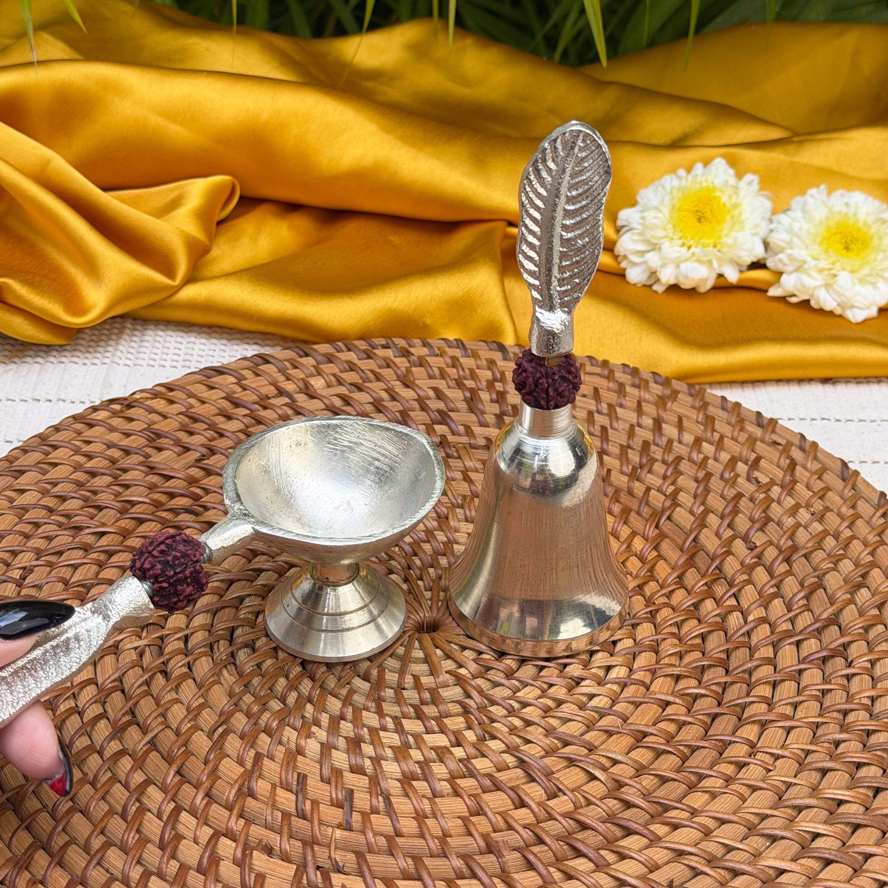 Ambi Silver Finish Rudraksha Bell & Aarti Diya Set | Traditional Pooja Bell with Aarti Lamp | Decorative Puja Set for Home Temple & Rituals