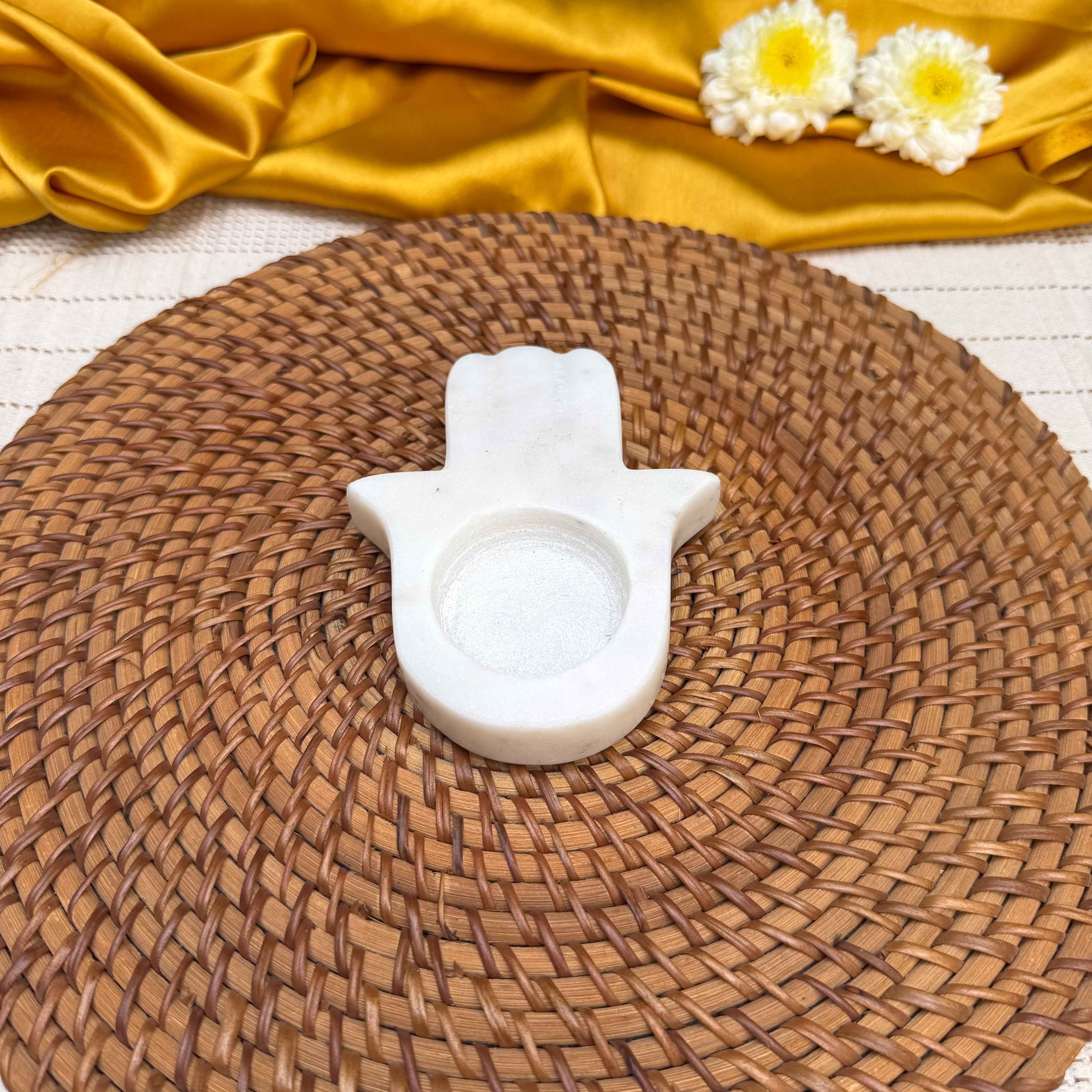 Ambi Hamsa Hand Marble Tealight Holder | White Marble Diya Candle Holder | Decorative Tabletop Candle Stand for Pooja & Home Décor