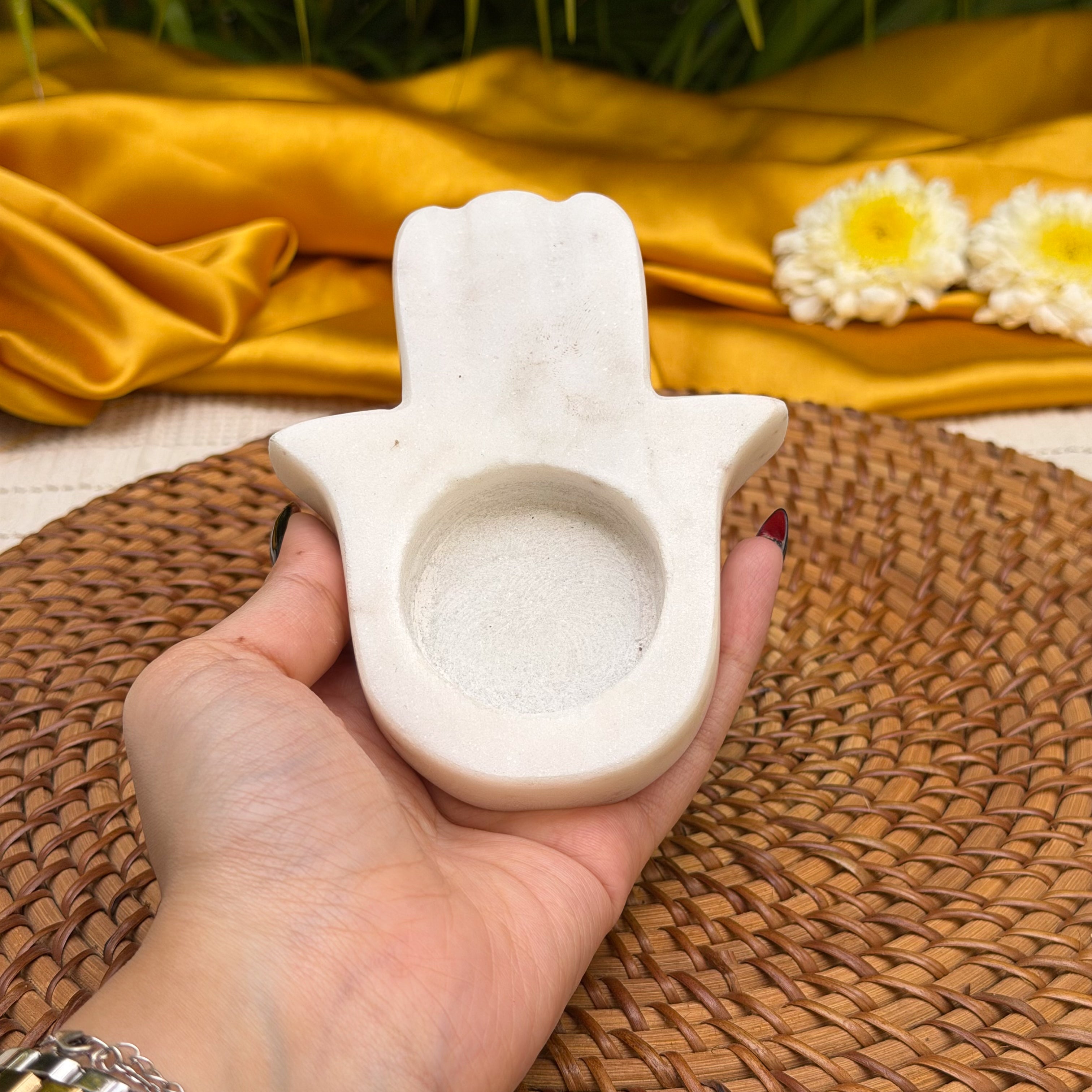 Ambi Hamsa Hand Marble Tealight Holder | White Marble Diya Candle Holder | Decorative Tabletop Candle Stand for Pooja & Home Décor