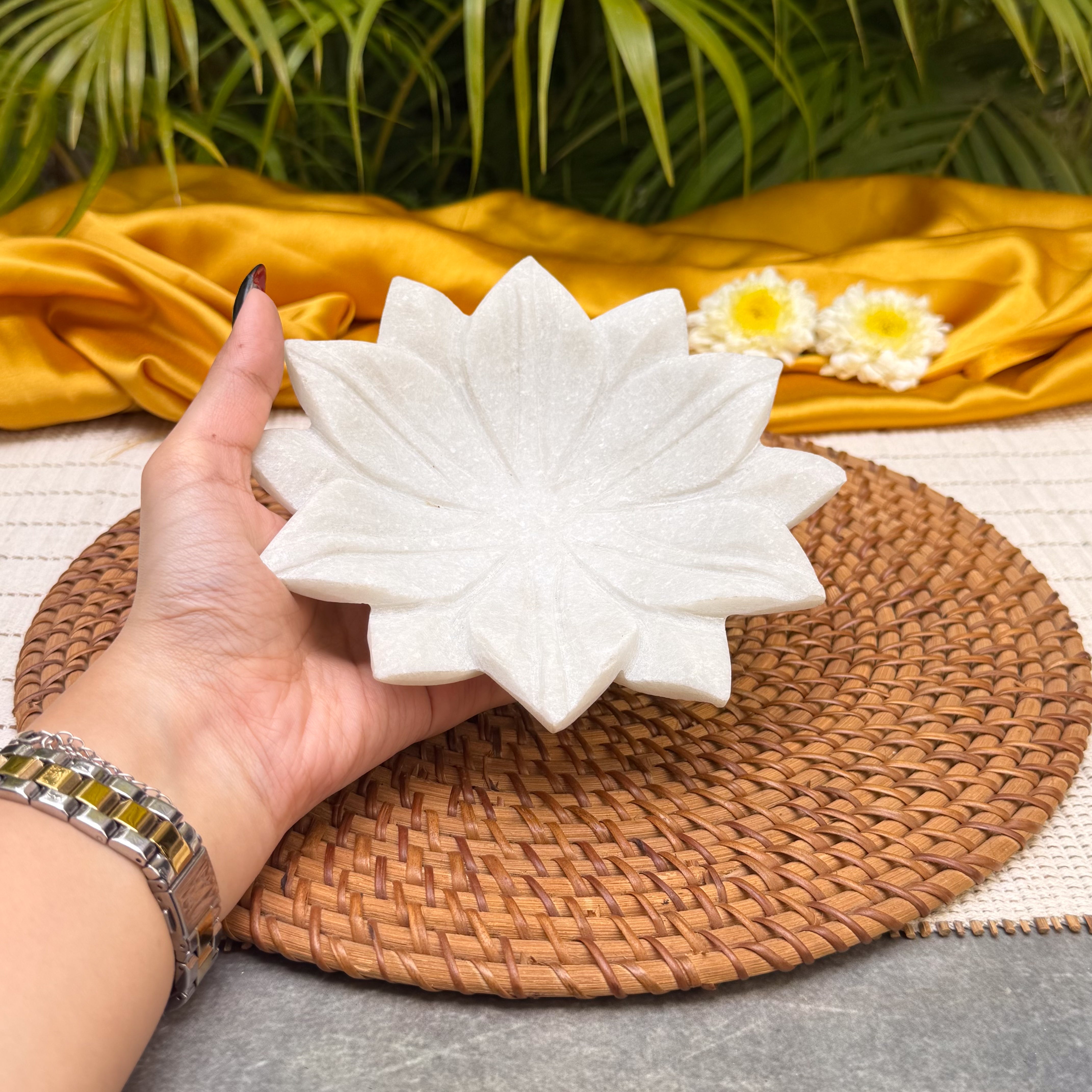 Ambi Floral Marble Diya | Elegant Lotus Flower Shaped Oil Lamp for Pooja, Aarti, Festive Decor & Gifting