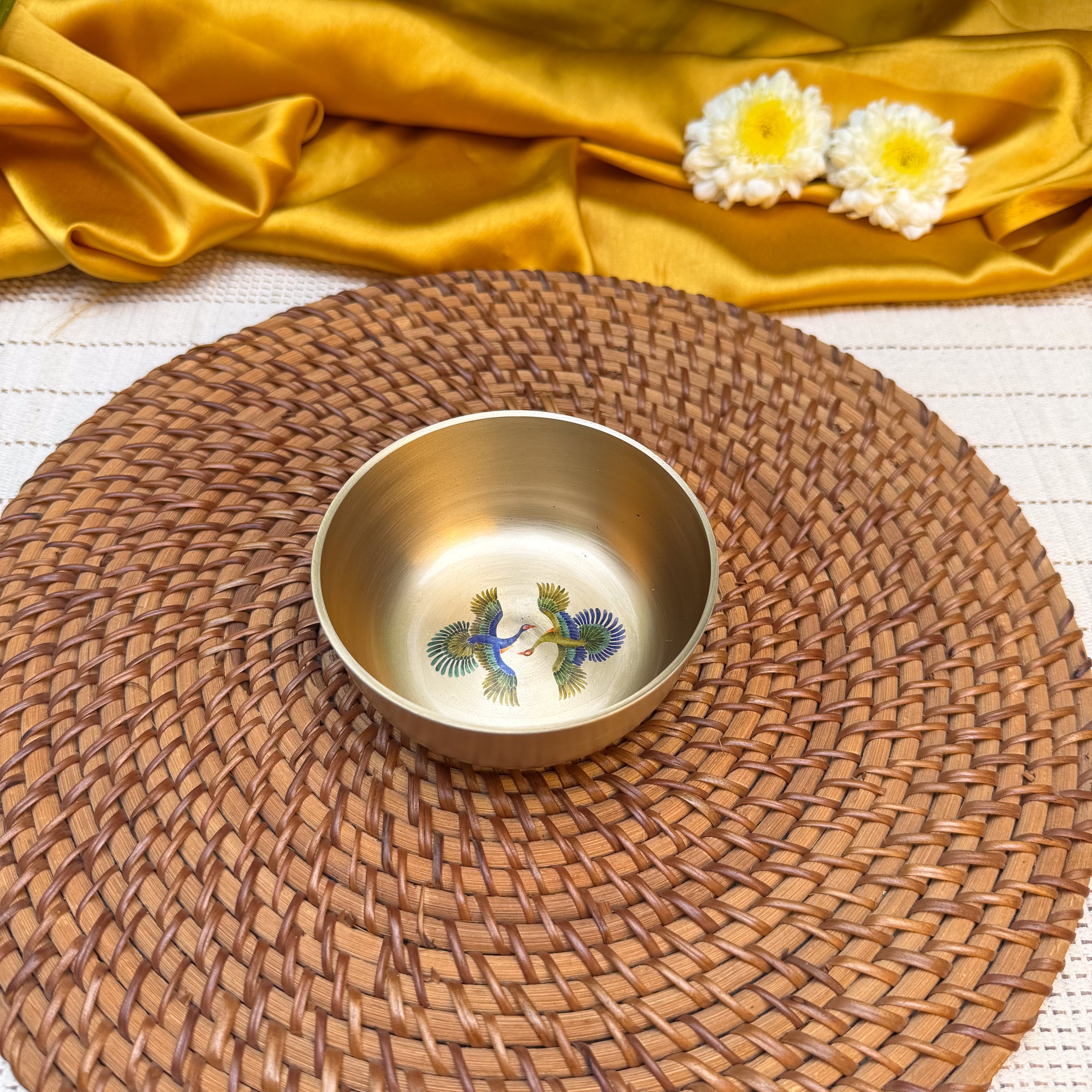 AMBI Lead Free 100% Pure Kansa Pattachitra birds Hand Painted Finish Small Bowl - 3.5 Inch - 180 ML