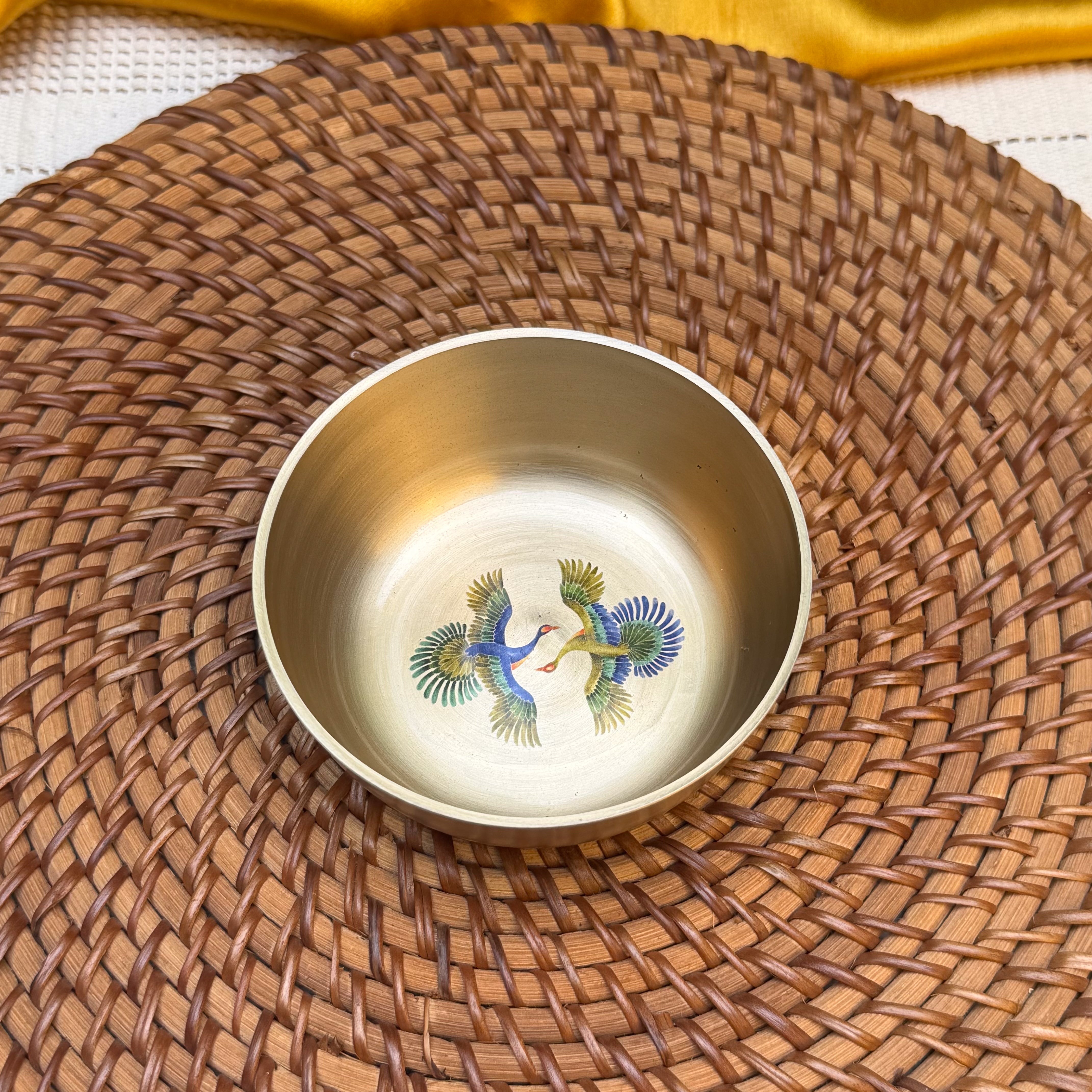 AMBI Lead Free 100% Pure Kansa Pattachitra birds Hand Painted Finish Small Bowl - 3.5 Inch - 180 ML
