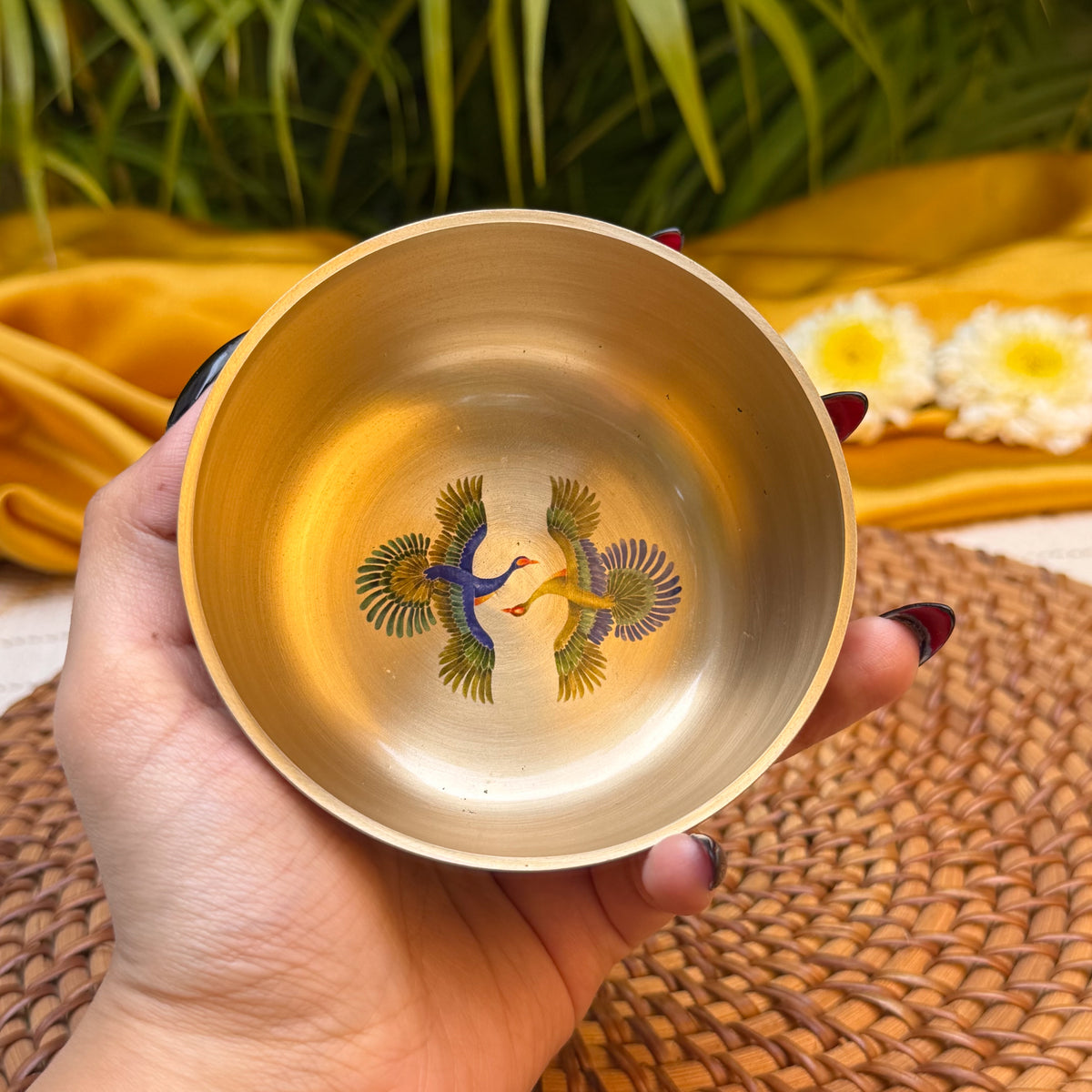 AMBI Lead Free 100% Pure Kansa Pattachitra birds Hand Painted Finish Small Bowl - 3.5 Inch - 180 ML