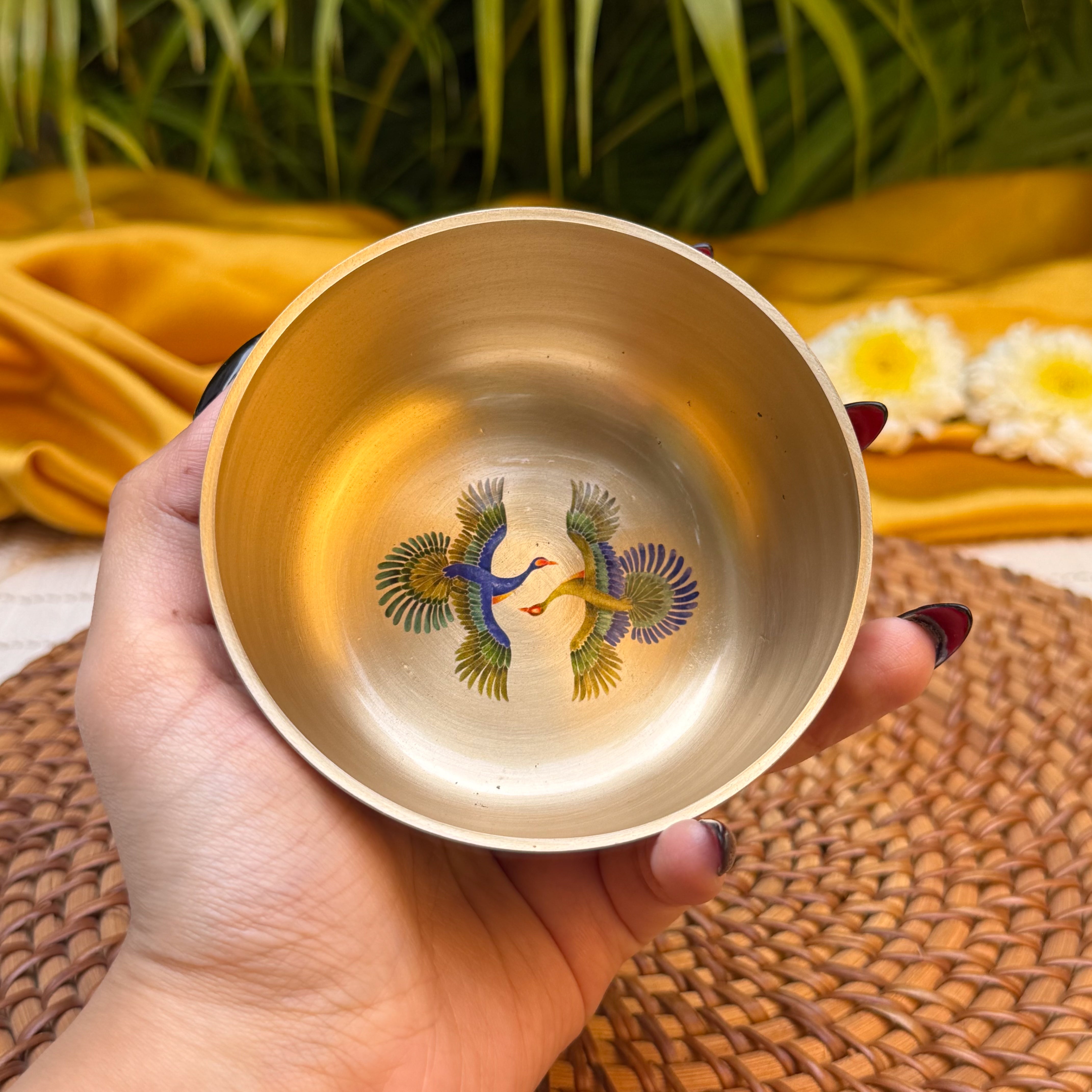 AMBI Lead Free 100% Pure Kansa Pattachitra birds Hand Painted Finish Small Bowl - 3.5 Inch - 180 ML