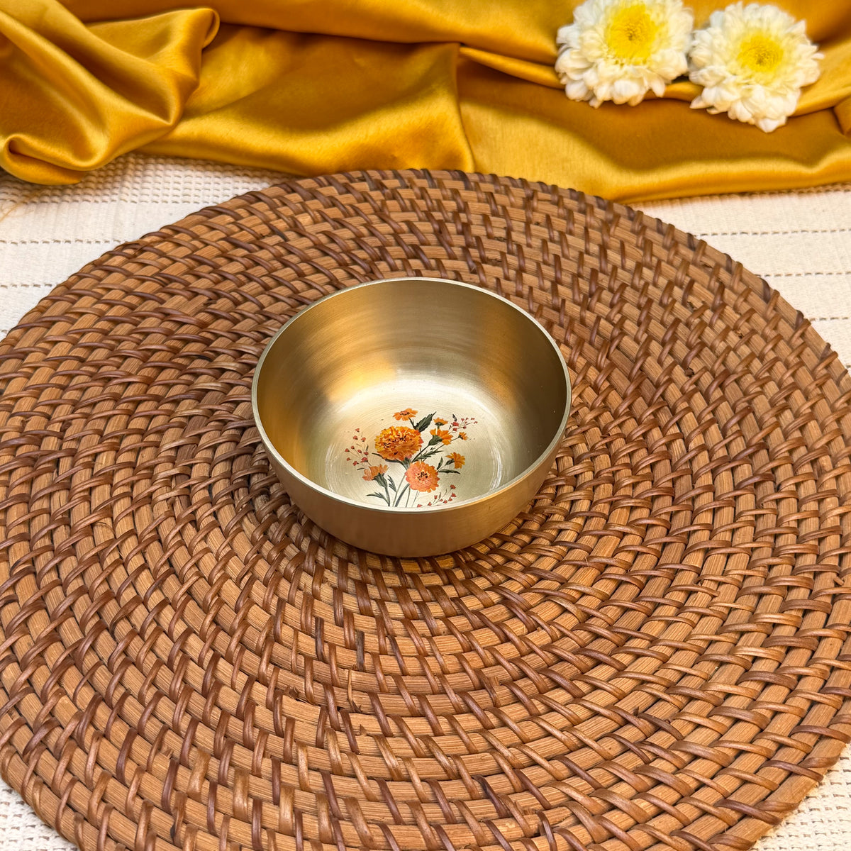 AMBI 100% Pure Kansa Small Marigold Hand Painted Finish Small Bowl - 3.5 Inch - 180 ML