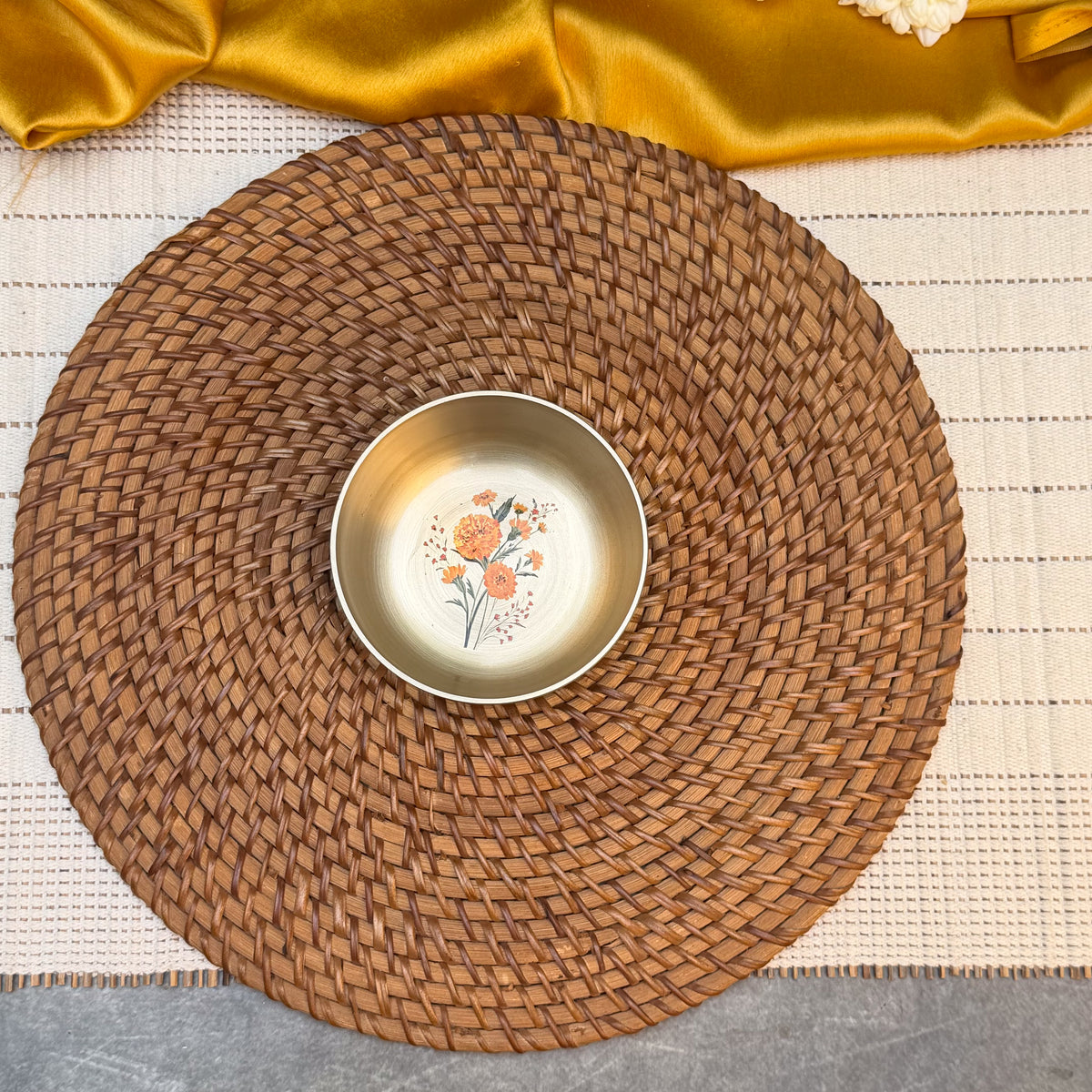 AMBI 100% Pure Kansa Small Marigold Hand Painted Finish Small Bowl - 3.5 Inch - 180 ML