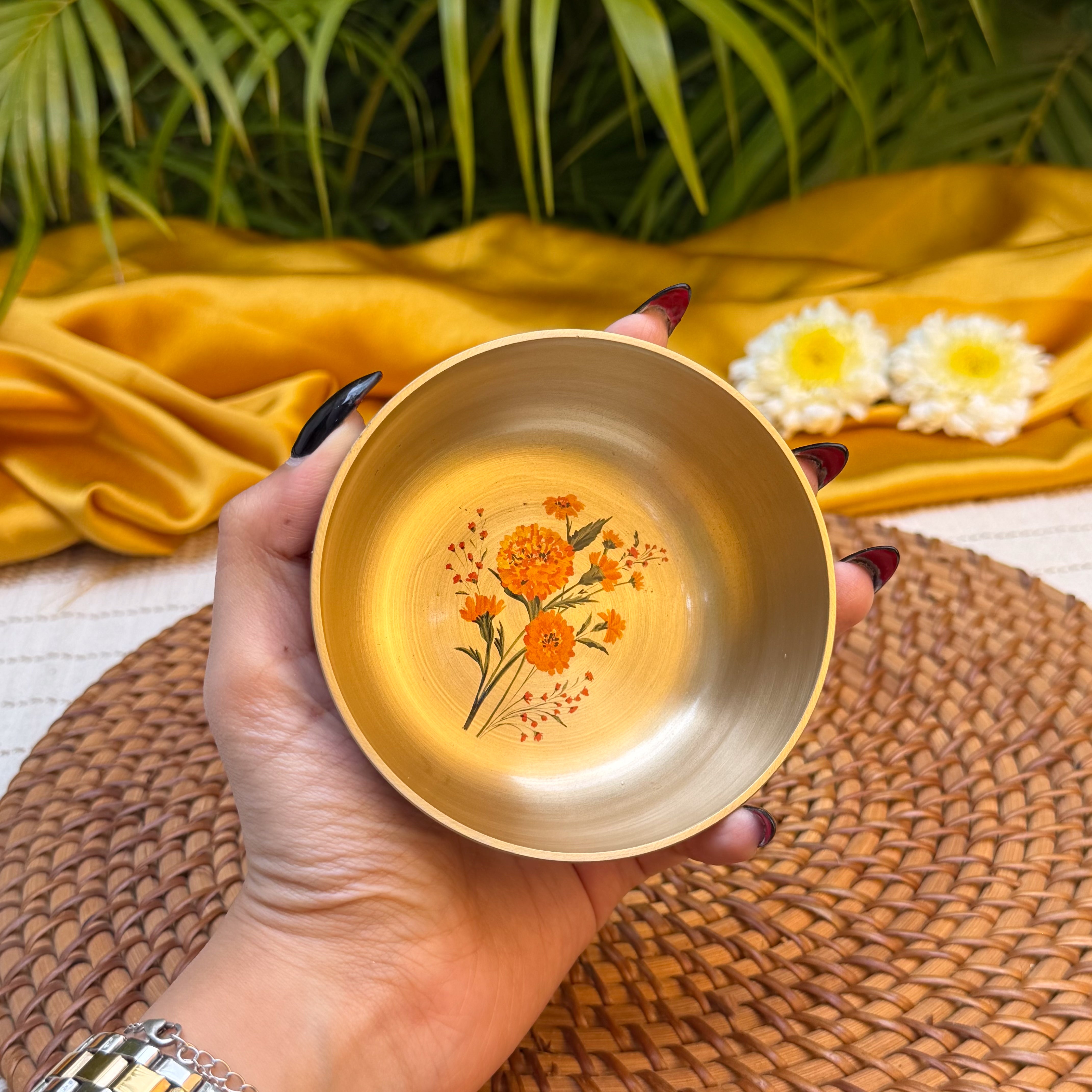 AMBI 100% Pure Kansa Small Marigold Hand Painted Finish Small Bowl - 3.5 Inch - 180 ML