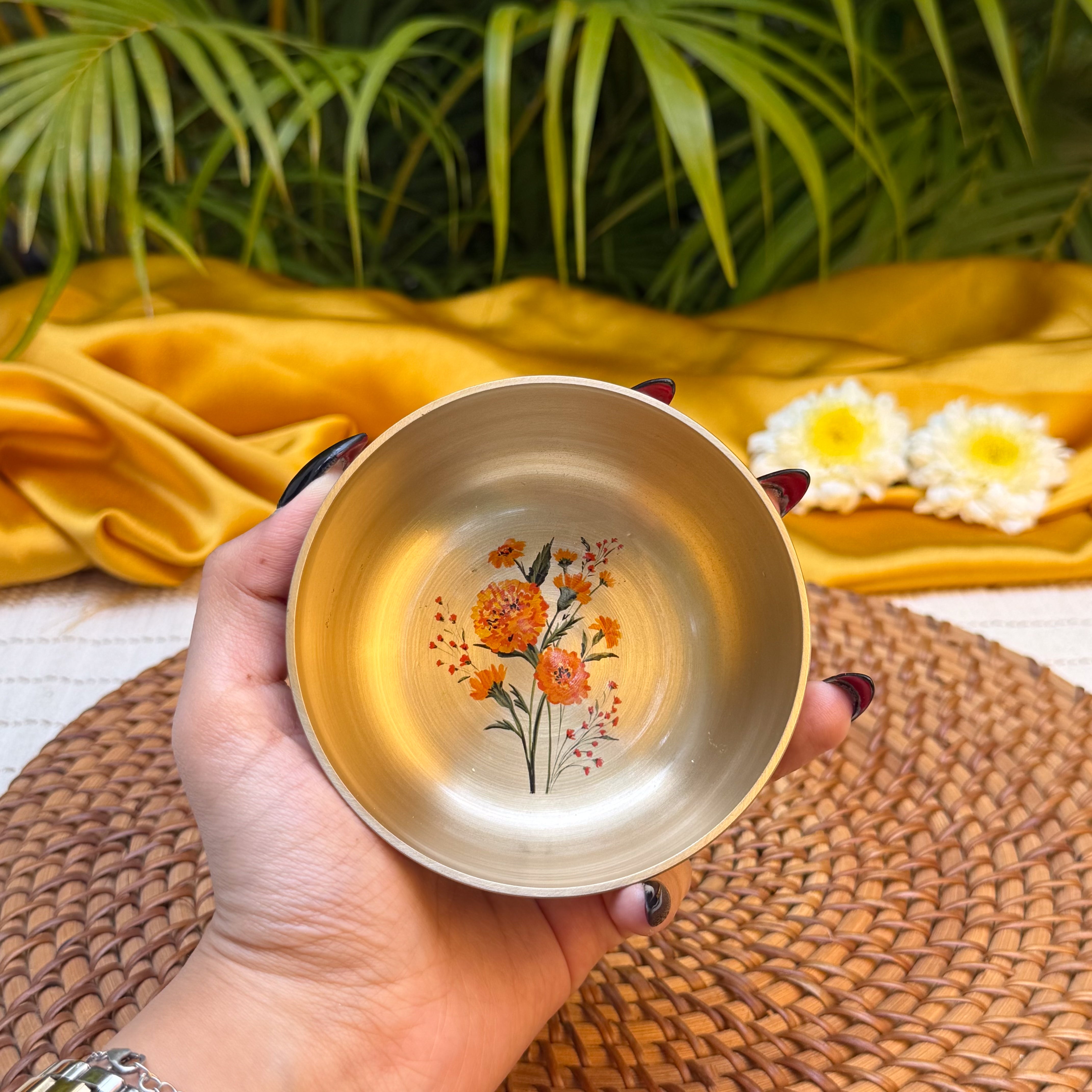 AMBI 100% Pure Kansa Small Marigold Hand Painted Finish Small Bowl - 3.5 Inch - 180 ML