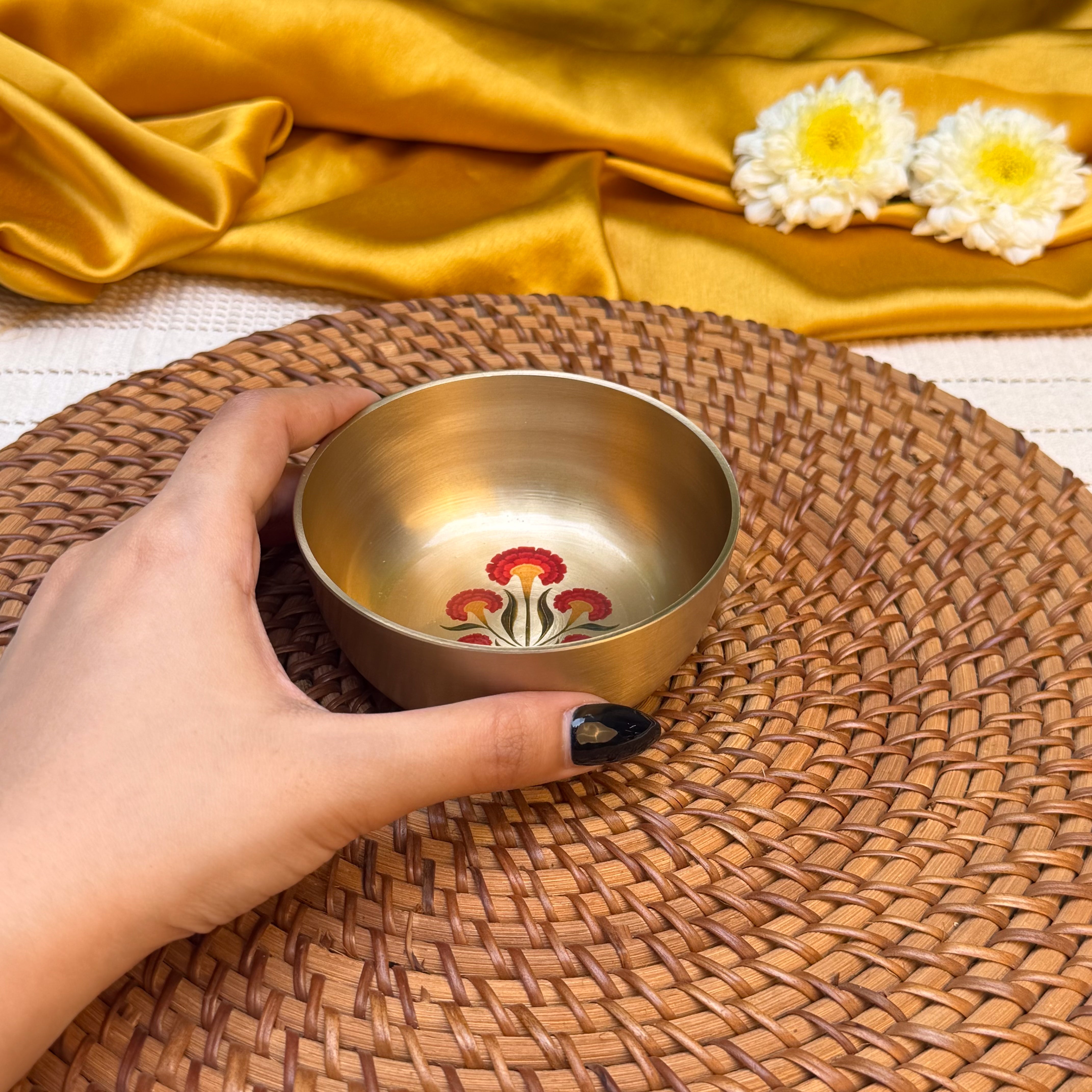 AMBI 100% Pure Kansa Floral Hand Painted Finish Small Bowl - 3.5 Inch - 180 ML