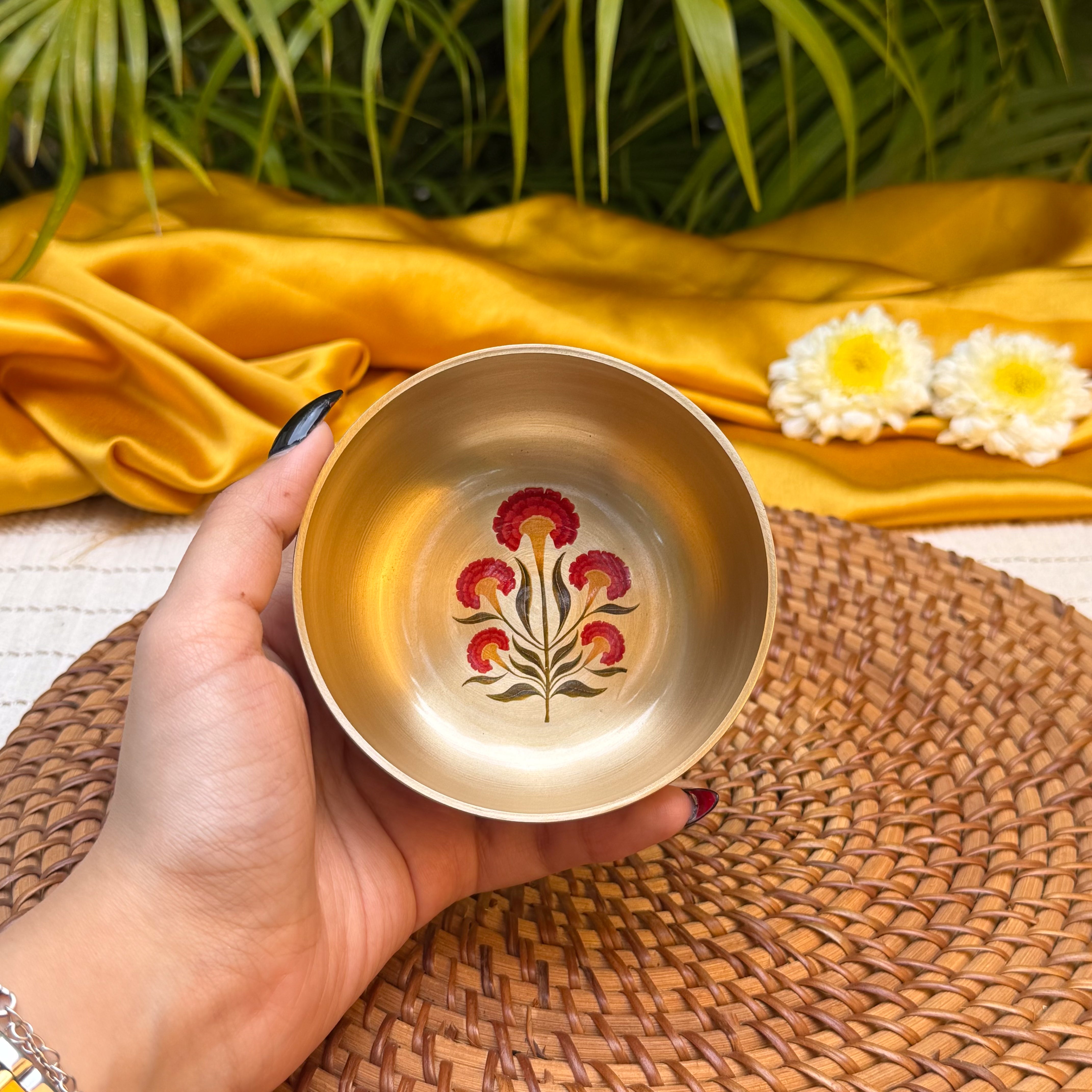 AMBI 100% Pure Kansa Small Marigold Hand Painted Finish Small Bowl - 3.5 Inch - 180 ML
