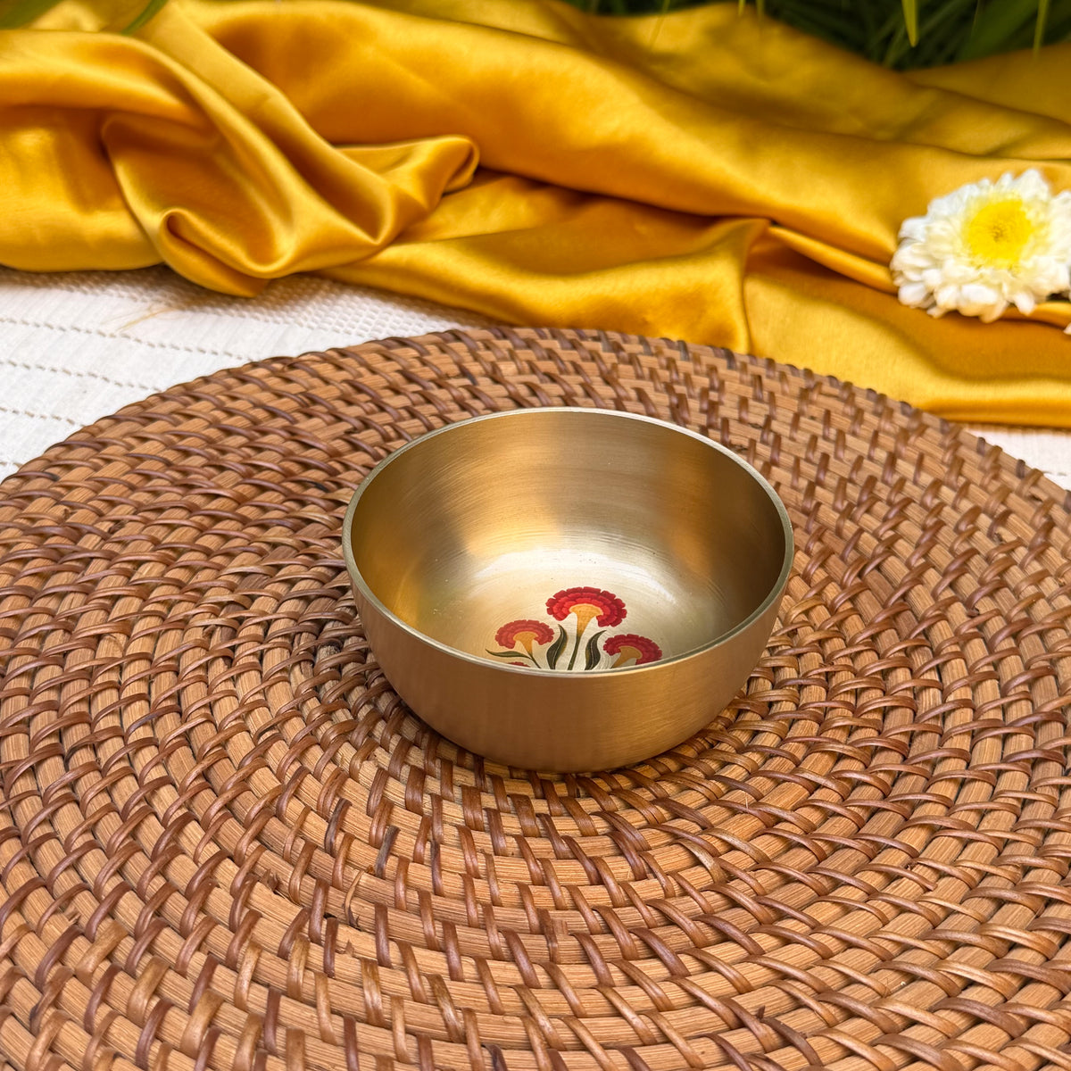 AMBI 100% Pure Kansa Small Marigold Hand Painted Finish Small Bowl - 3.5 Inch - 180 ML