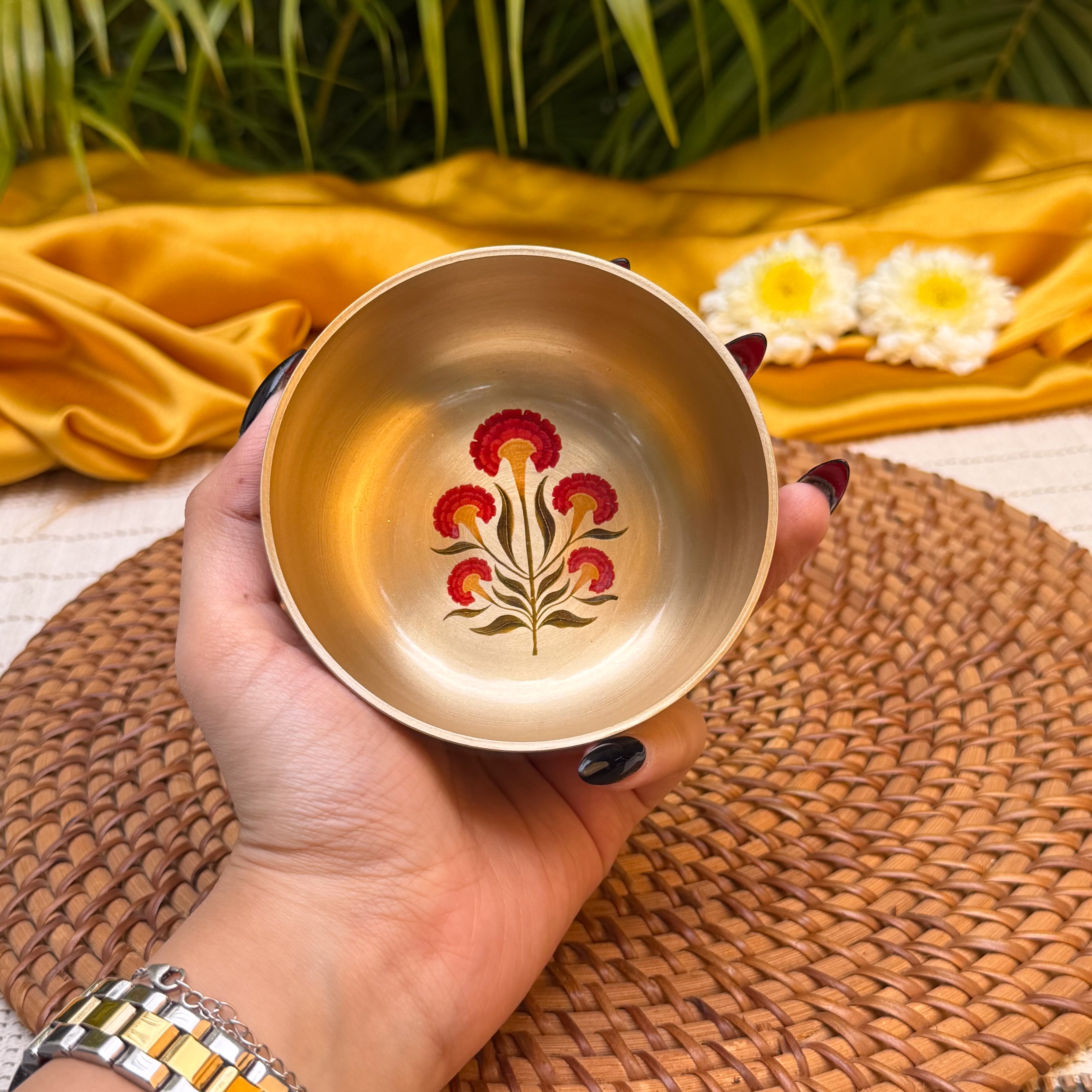 AMBI 100% Pure Kansa Small Marigold Hand Painted Finish Small Bowl - 3.5 Inch - 180 ML