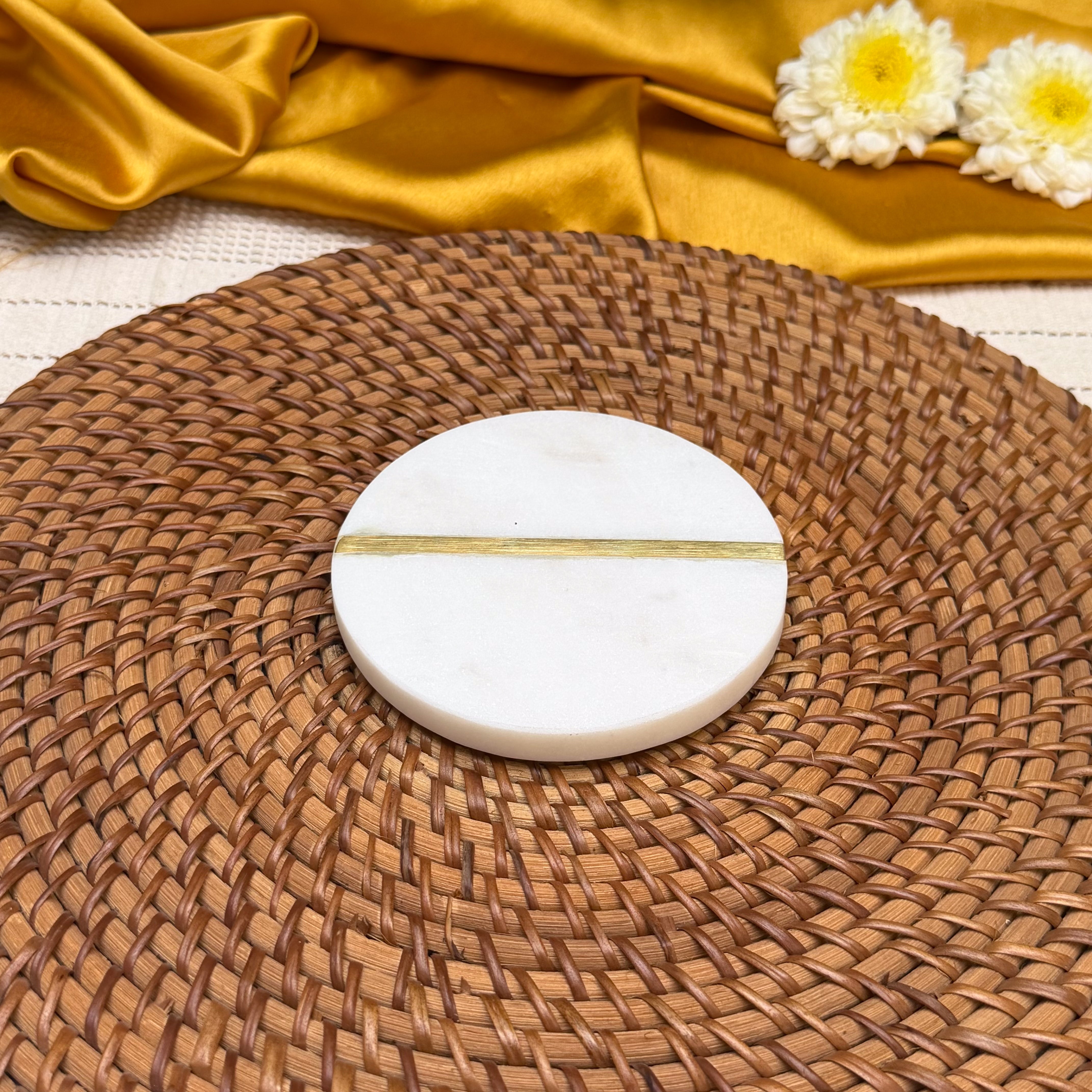 Ambi Brass & Marble Coaster Set of 2 | Elegant White Marble Drink Coasters with Brass Inlay | Table Decor for Home, Dining & Gifting