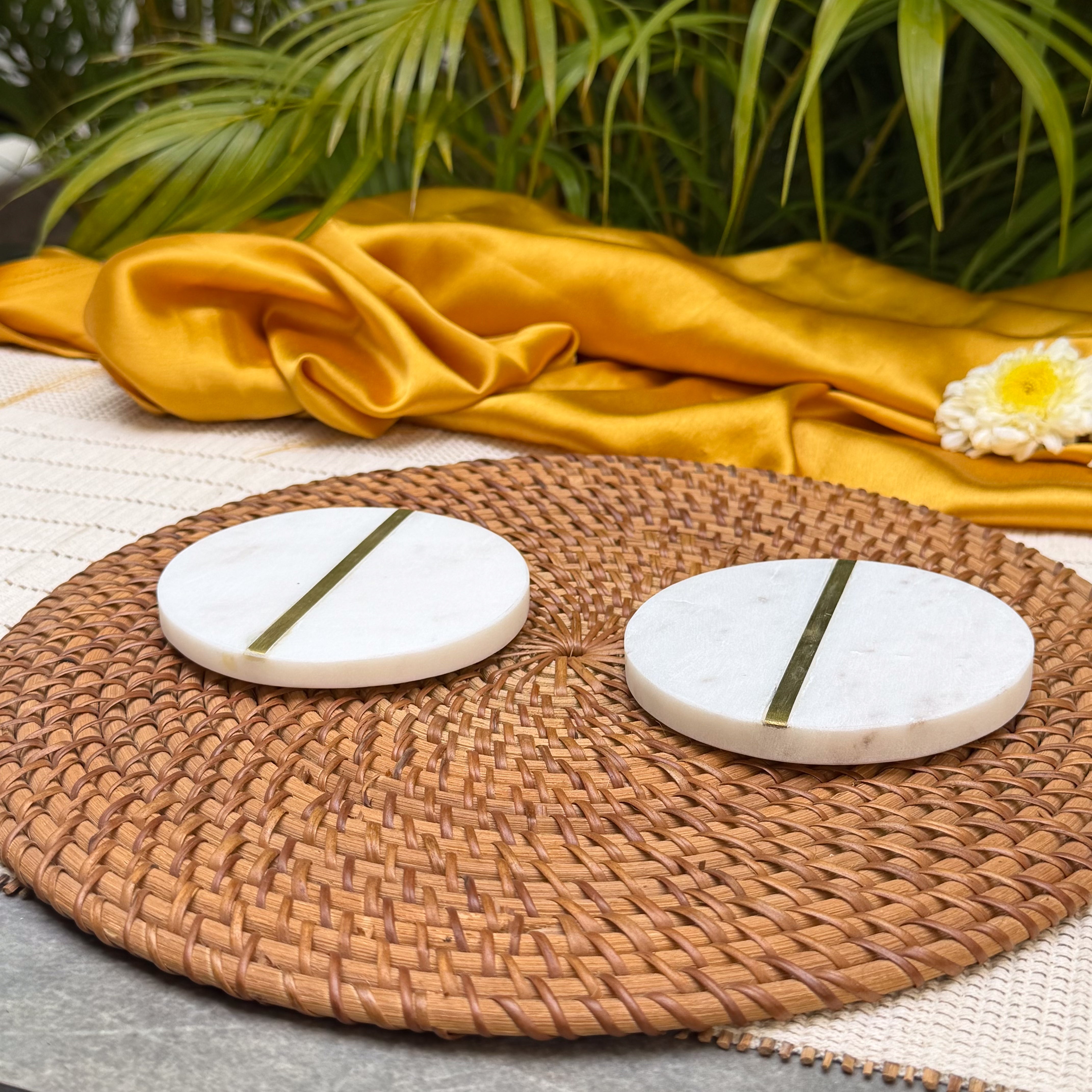 Ambi Brass & Marble Coaster Set of 2 | Elegant White Marble Drink Coasters with Brass Inlay | Table Decor for Home, Dining & Gifting