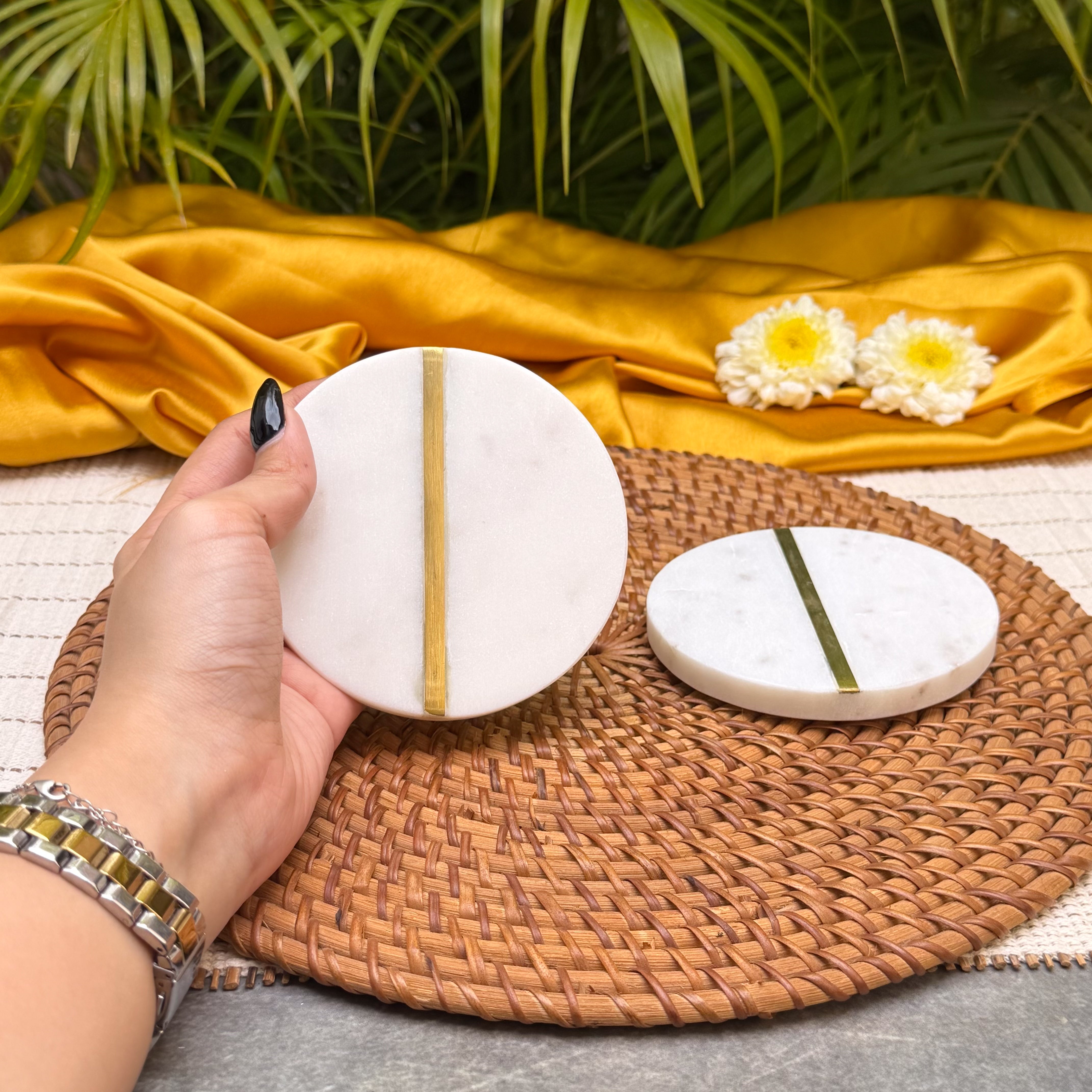 Ambi Brass & Marble Coaster Set of 2 | Elegant White Marble Drink Coasters with Brass Inlay | Table Decor for Home, Dining & Gifting