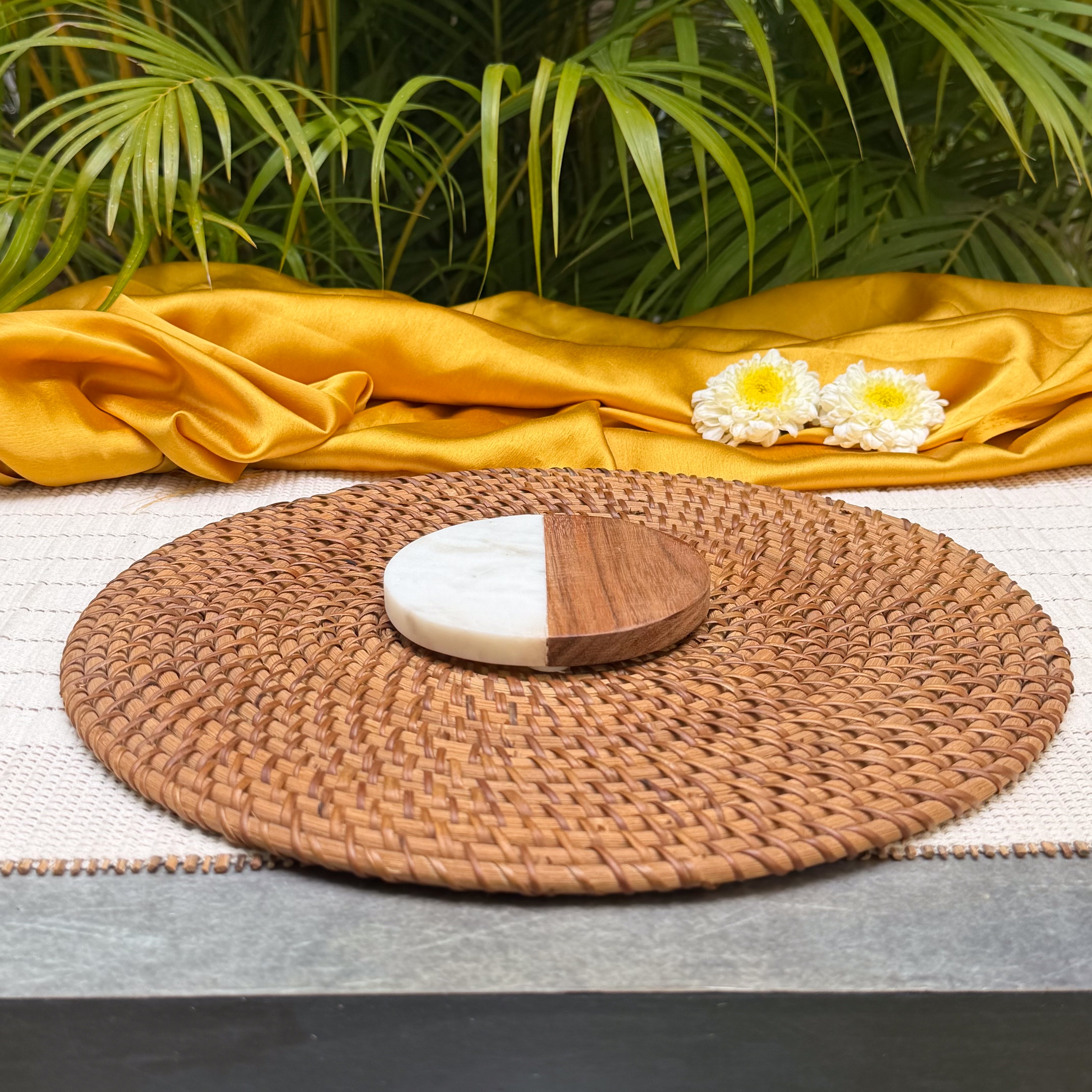 Ambi Marble & Wooden Coaster Set of 2 | Elegant Half-Moon Design Drink Coasters | Natural Wood & White Marble Table Coasters for Home & Gifting