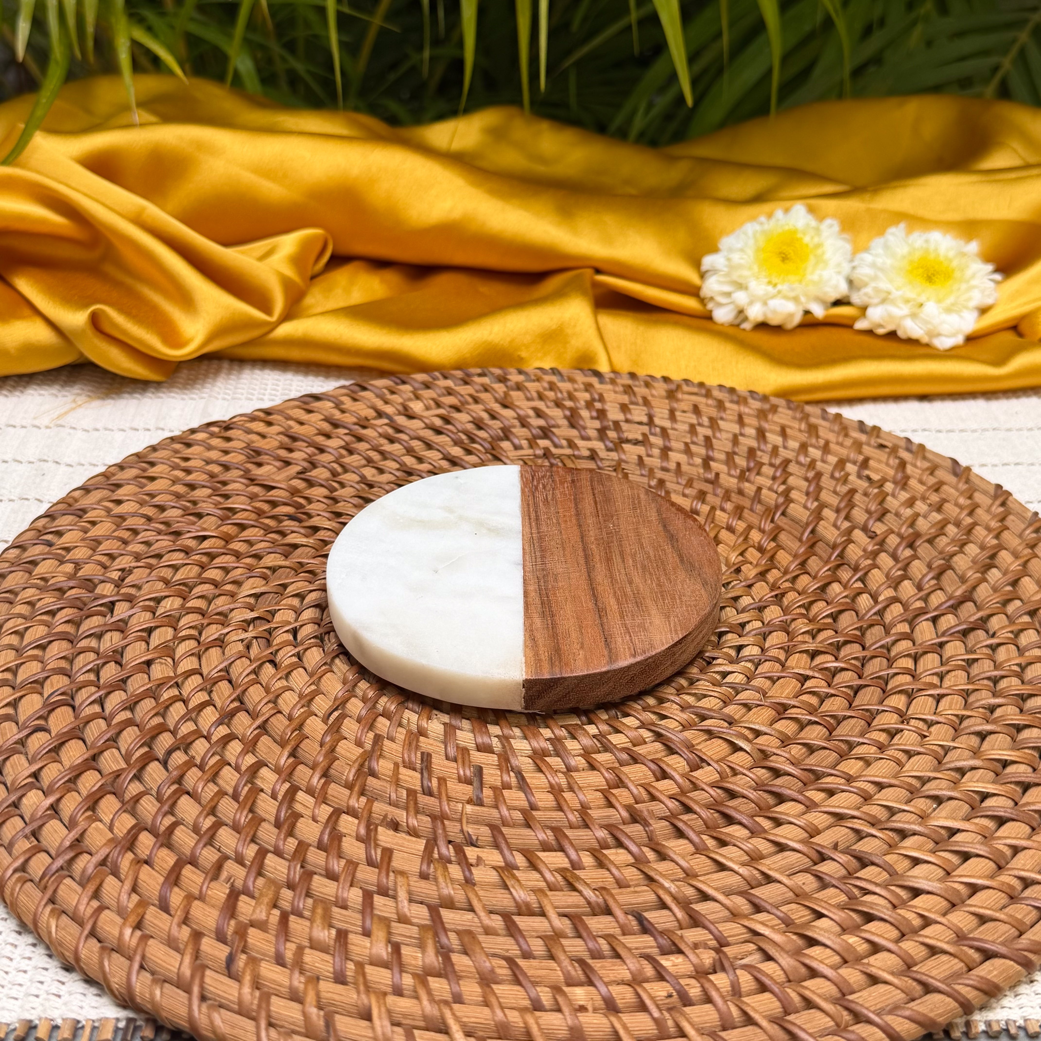 Ambi Marble & Wooden Coaster Set of 2 | Elegant Half-Moon Design Drink Coasters | Natural Wood & White Marble Table Coasters for Home & Gifting