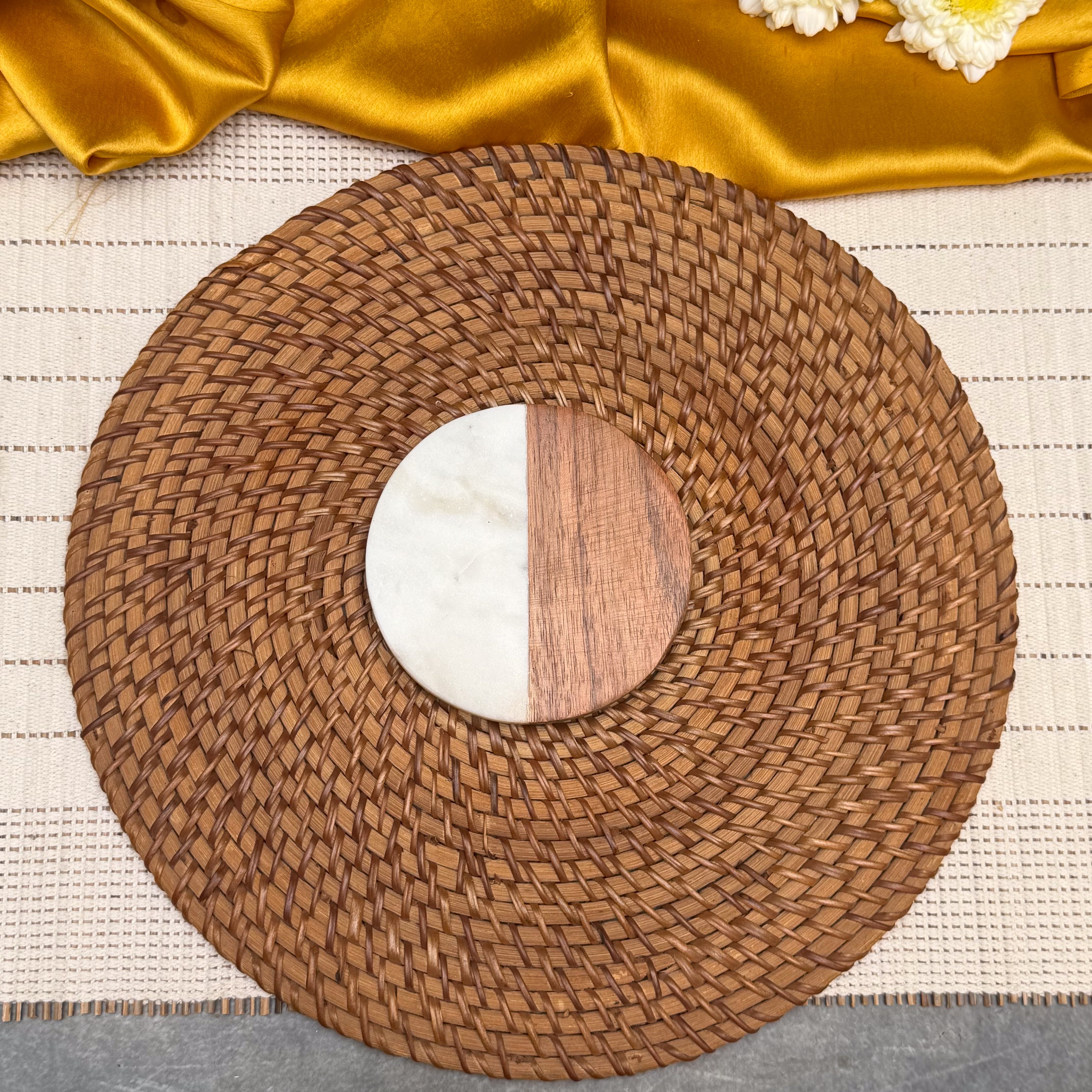 Ambi Marble & Wooden Coaster Set of 2 | Elegant Half-Moon Design Drink Coasters | Natural Wood & White Marble Table Coasters for Home & Gifting