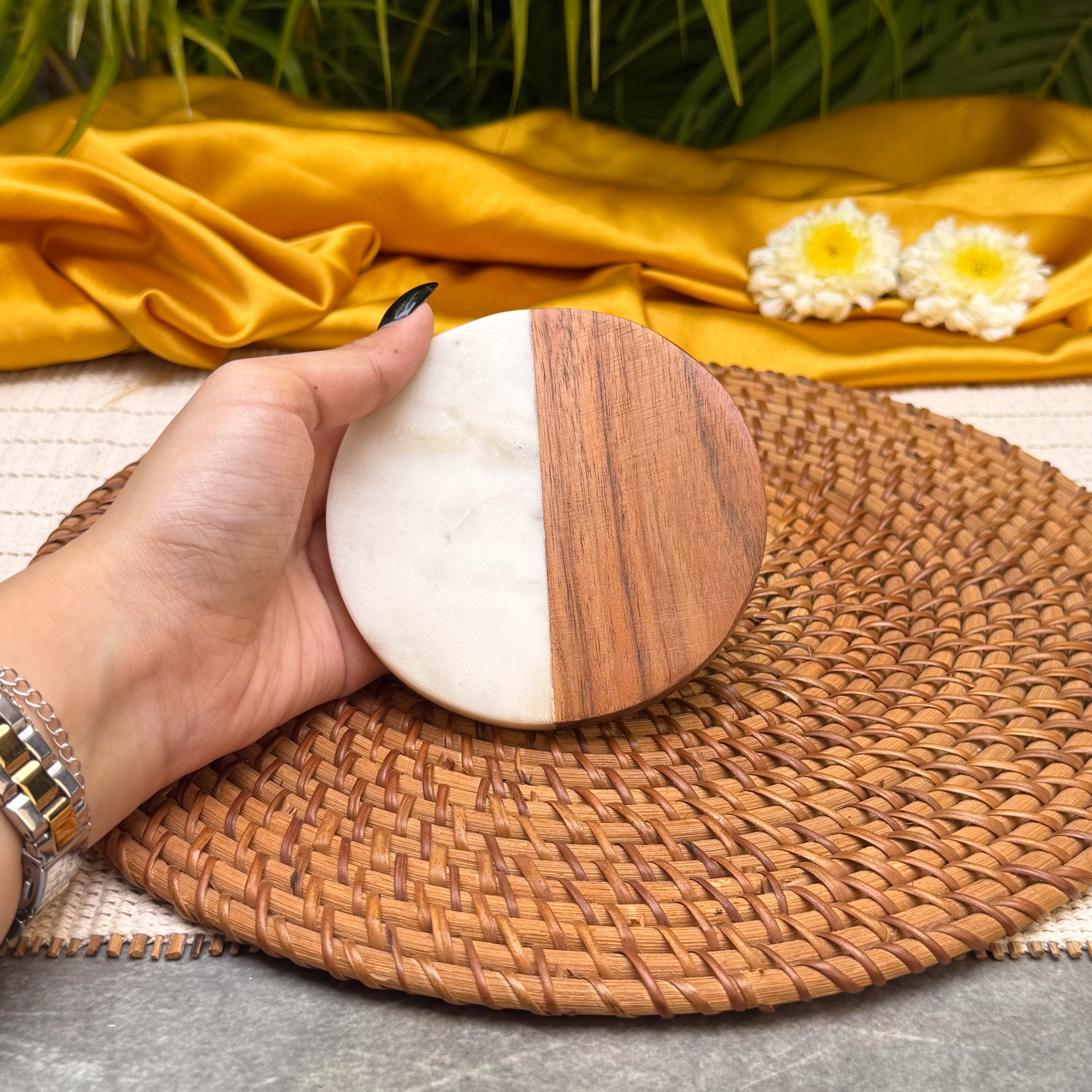 Ambi Marble & Wooden Coaster Set of 2 | Elegant Half-Moon Design Drink Coasters | Natural Wood & White Marble Table Coasters for Home & Gifting