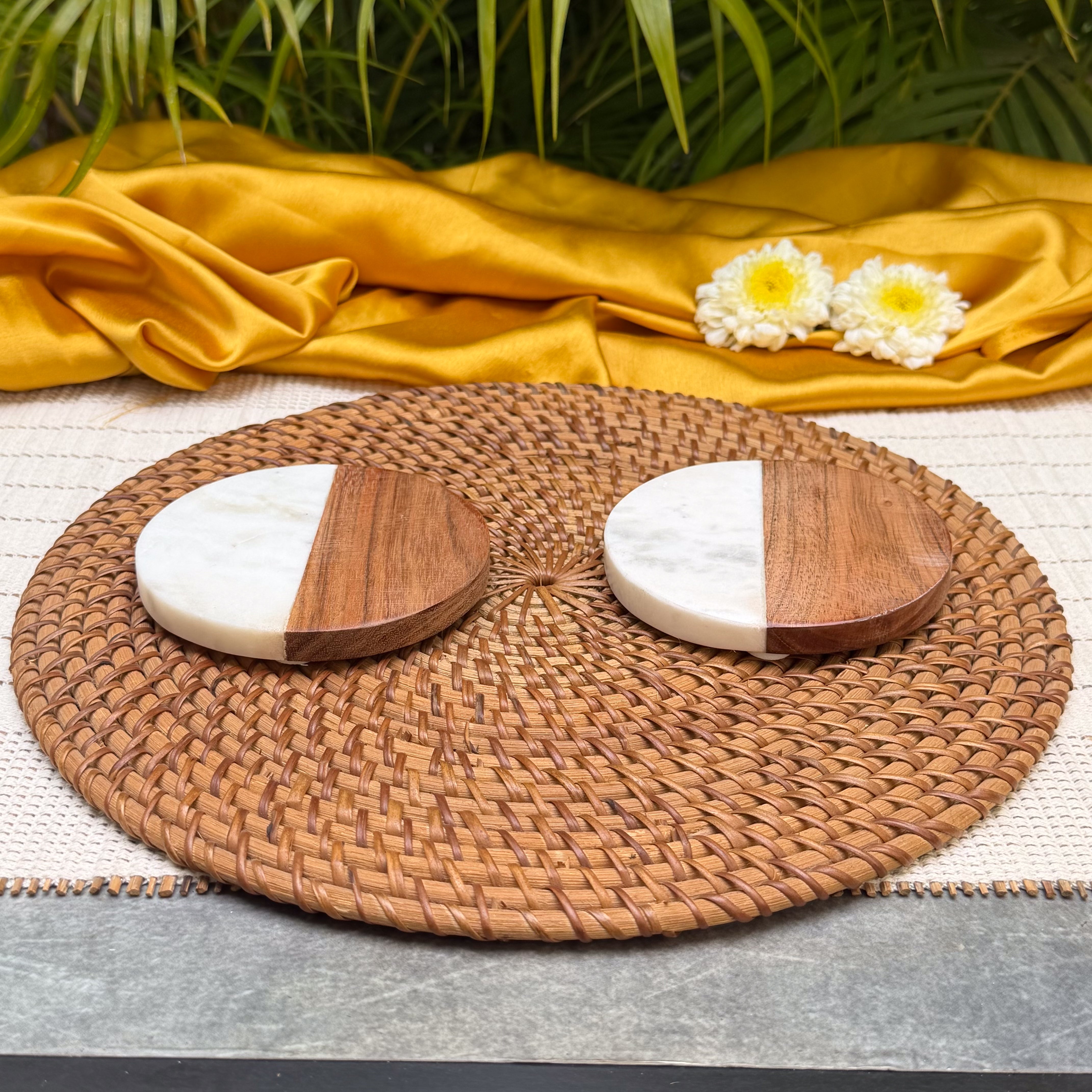 Ambi Marble & Wooden Coaster Set of 2 | Elegant Half-Moon Design Drink Coasters | Natural Wood & White Marble Table Coasters for Home & Gifting