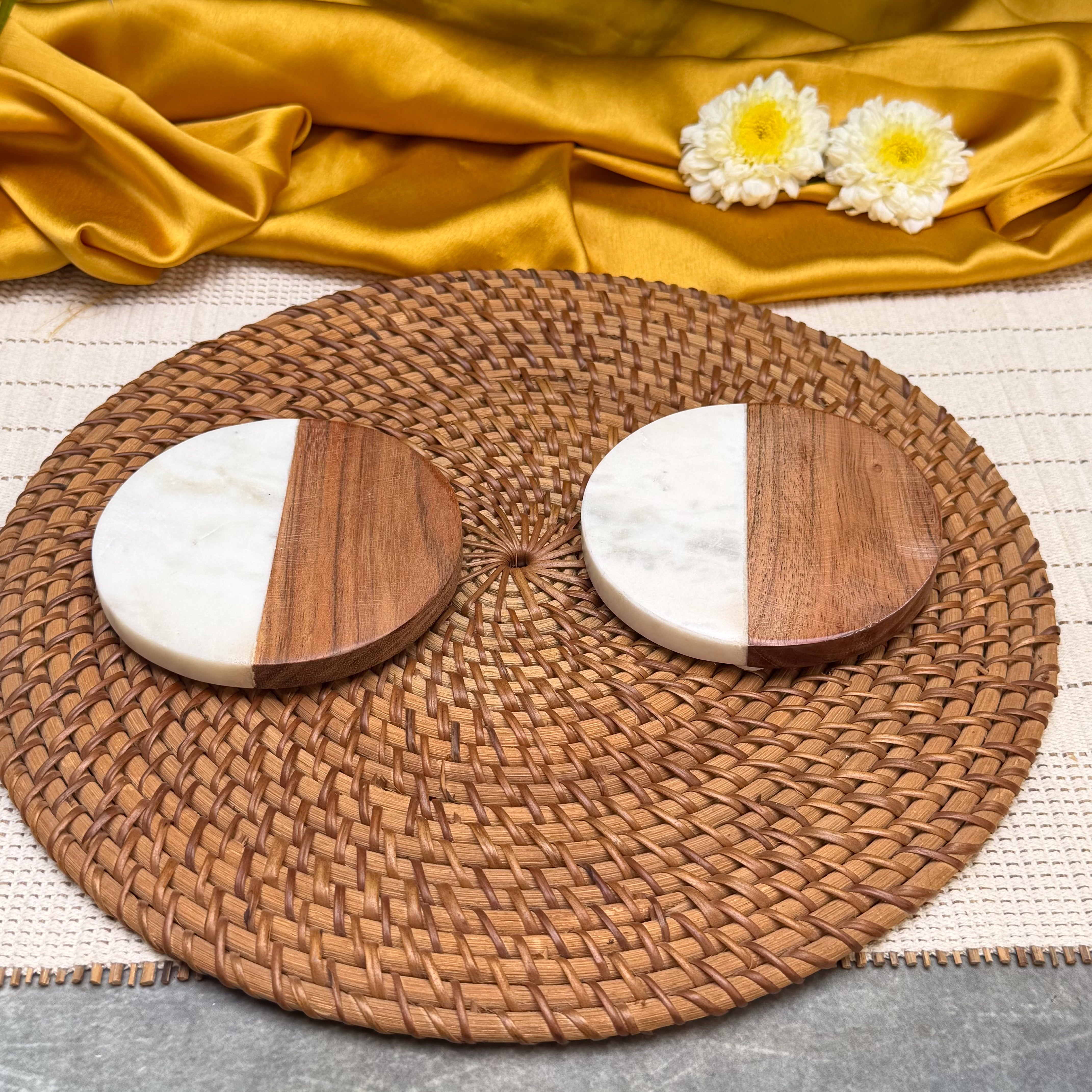 Ambi Marble & Wooden Coaster Set of 2 | Elegant Half-Moon Design Drink Coasters | Natural Wood & White Marble Table Coasters for Home & Gifting